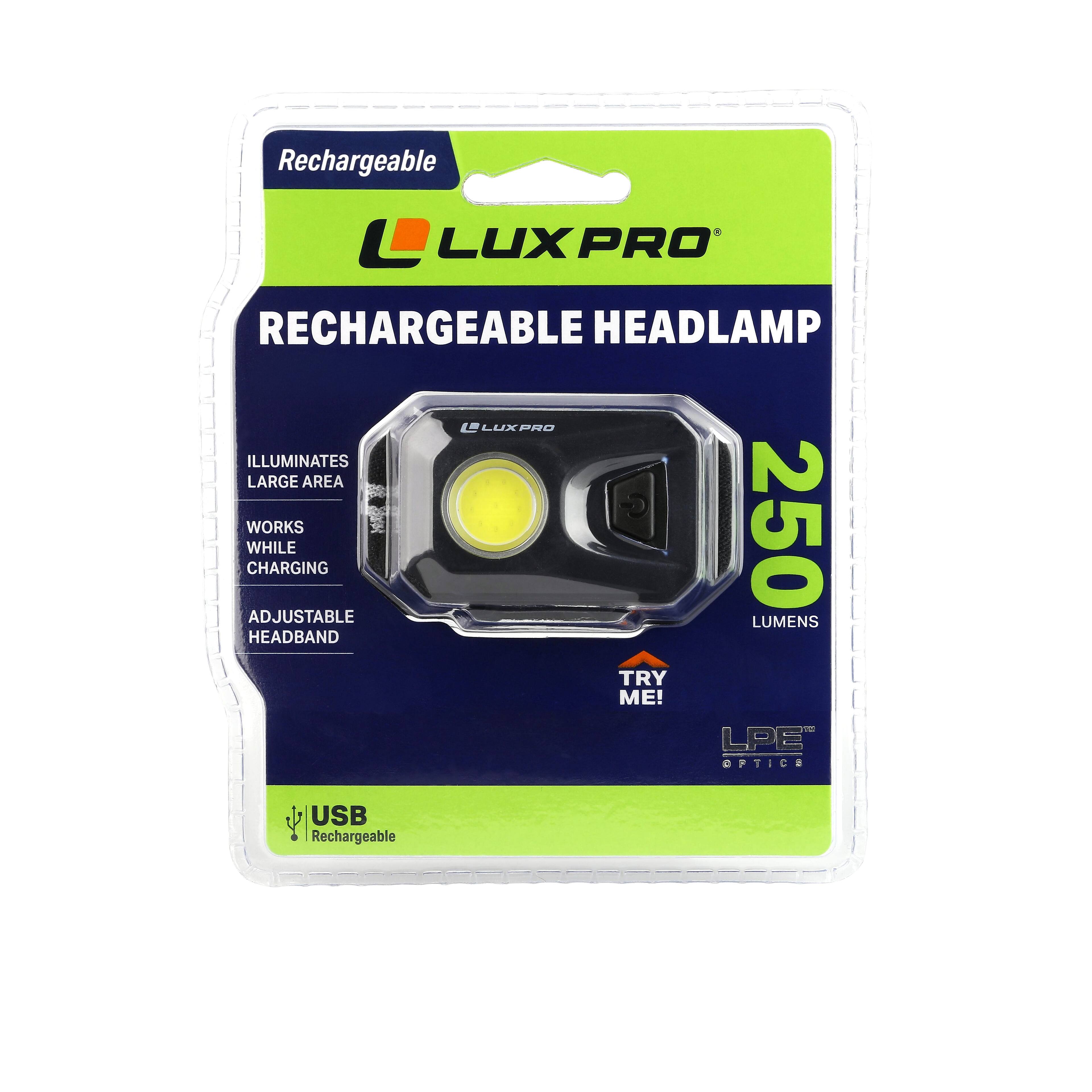 Rechargeable LUX PRO RECHARGEABLE HEADLAMP LUXPRO ILLUMINATES LARGE AREA WORKS WHILE CHARGING 250 ADJUSTABLE LUMENS HEADBAND TRY ME! V LPE OPTICS USB Rechargeable