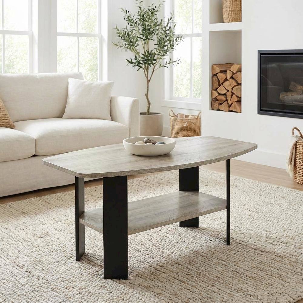 Left. FurniFact - French Oak Grey Coffee Table with Black Metal Legs and Minimalist Design - French Oak Grey.