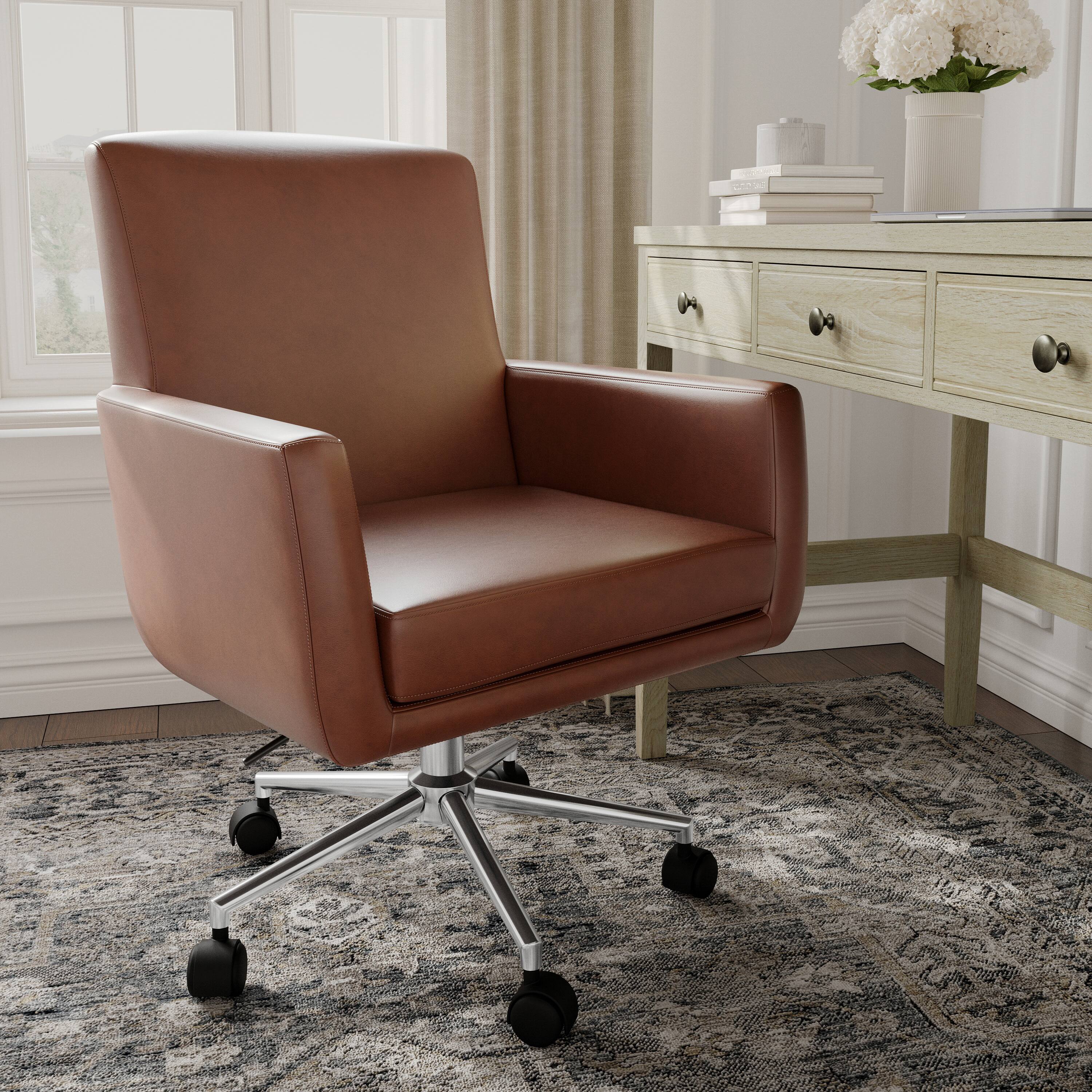 Alt View 5. Martha Stewart - Zaya Upholstered Swivel Home Office Chair with Padded Arms - Saddle Brown Faux Leather/Polished Nickel Frame.
