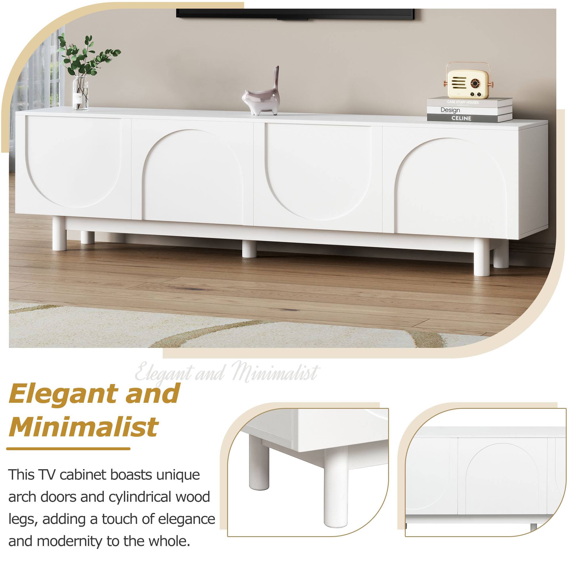 - Design CELINE
- Elegant and Minimalist
- This TV cabinet boasts unique arch doors and cylindrical wood legs, adding a touch of elegance and modernity to the whole.