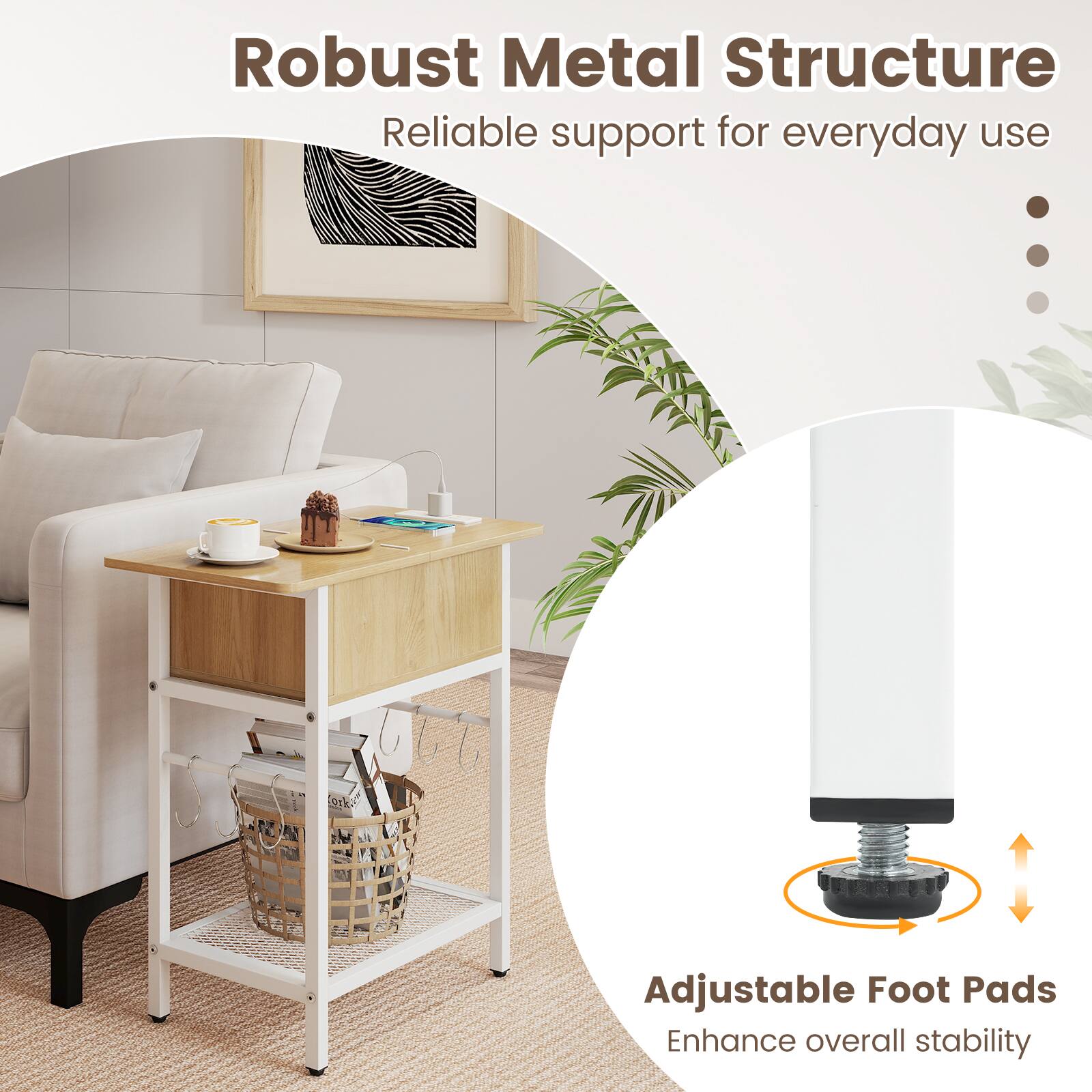 Robust Metal Structure  
Reliable support for everyday use  

Adjustable Foot Pads  
Enhance overall stability