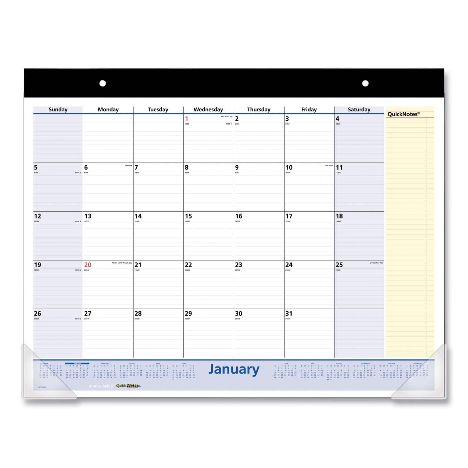 AT-A-GLANCE - QuickNotes Desk Pad 22 x 17 White Blue Yellow Sheets Black Binding Clear Corners 13 Month Jan 2026 to Jan 2027
