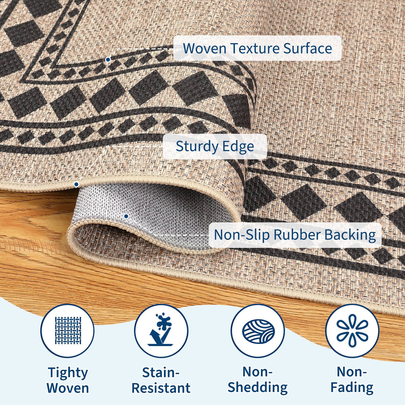- Woven Texture Surface
- Sturdy Edge
- Non-Slip Rubber Backing

- Tighty Woven
- Stain-Resistant
- Non-Shedding
- Non-Fading