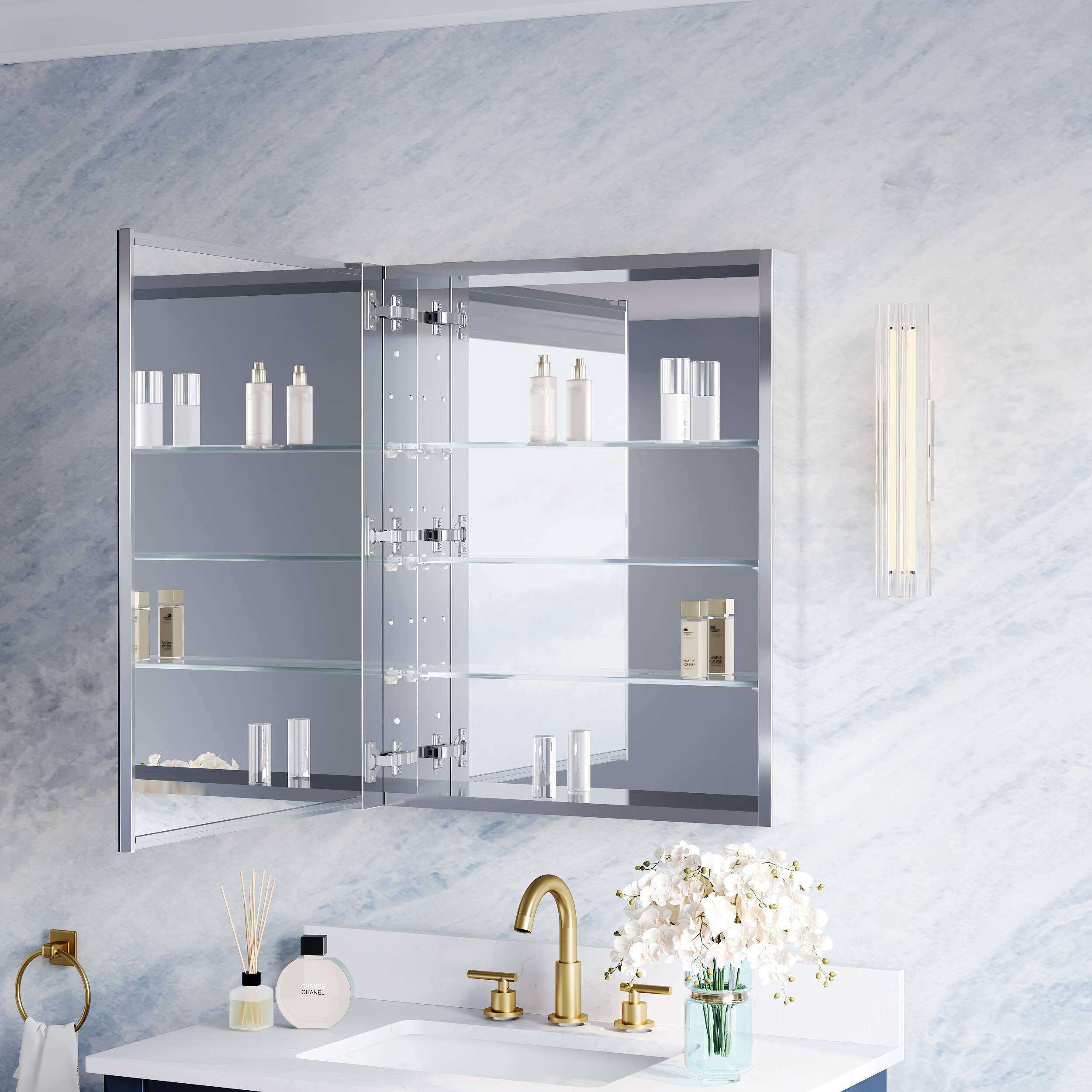 Angle. WELLFOR - 24 in. W x 30 in. H Rectangular Aluminum Tri-View Beveled-Edge Medicine Cabinet with Mirror, Soft-Close BLUM Hinge - Silver.