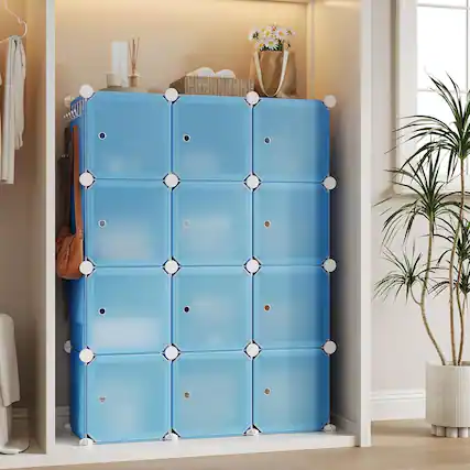 Front. Homhougo - Space-Saving Modular Shoe Storage Cabinet – 12-Cube Stackable Organizer with Doors, Versatile Plastic Cube Shelving, - Blue.