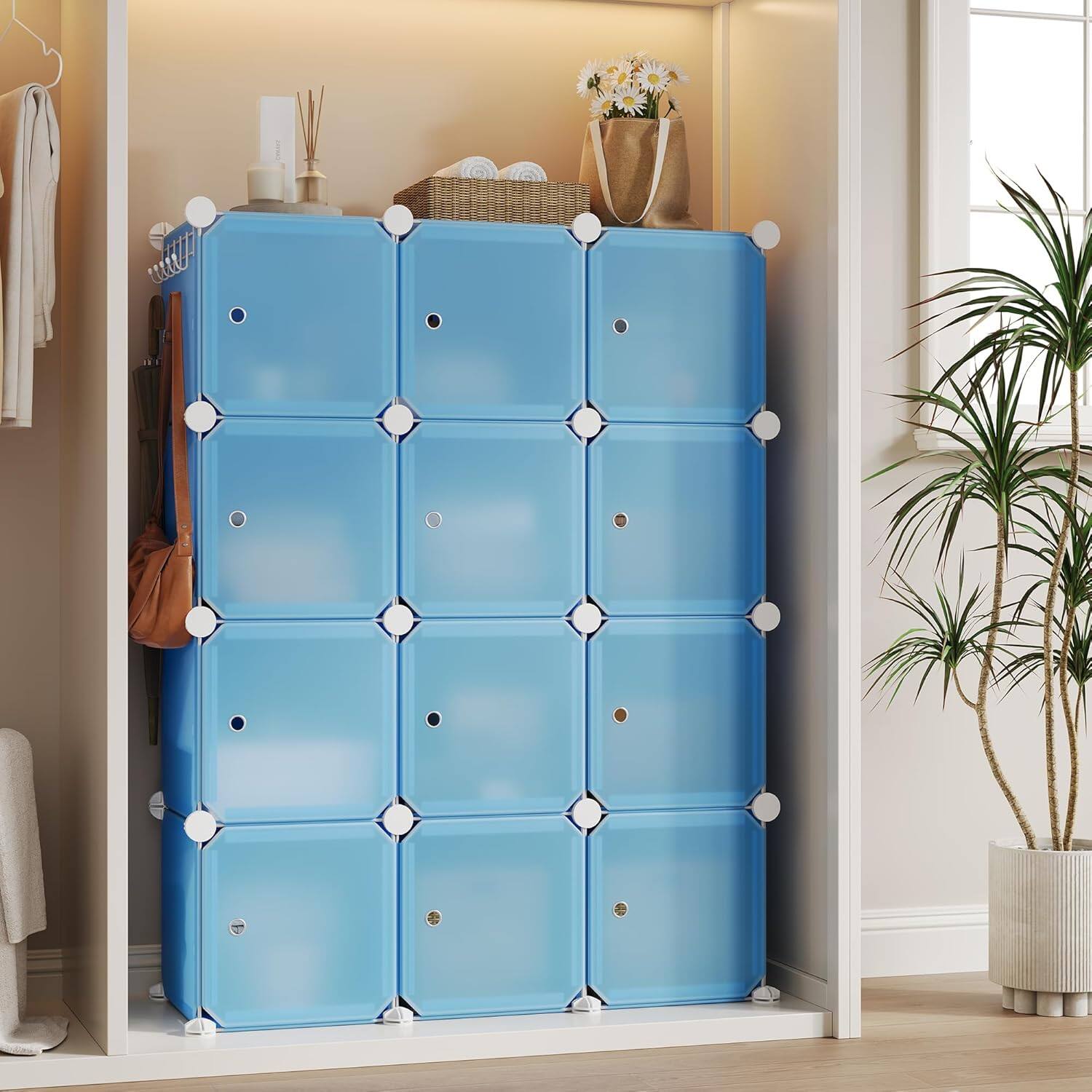 Front. Homhougo - Space-Saving Modular Shoe Storage Cabinet – 12-Cube Stackable Organizer with Doors, Versatile Plastic Cube Shelving, - Blue.