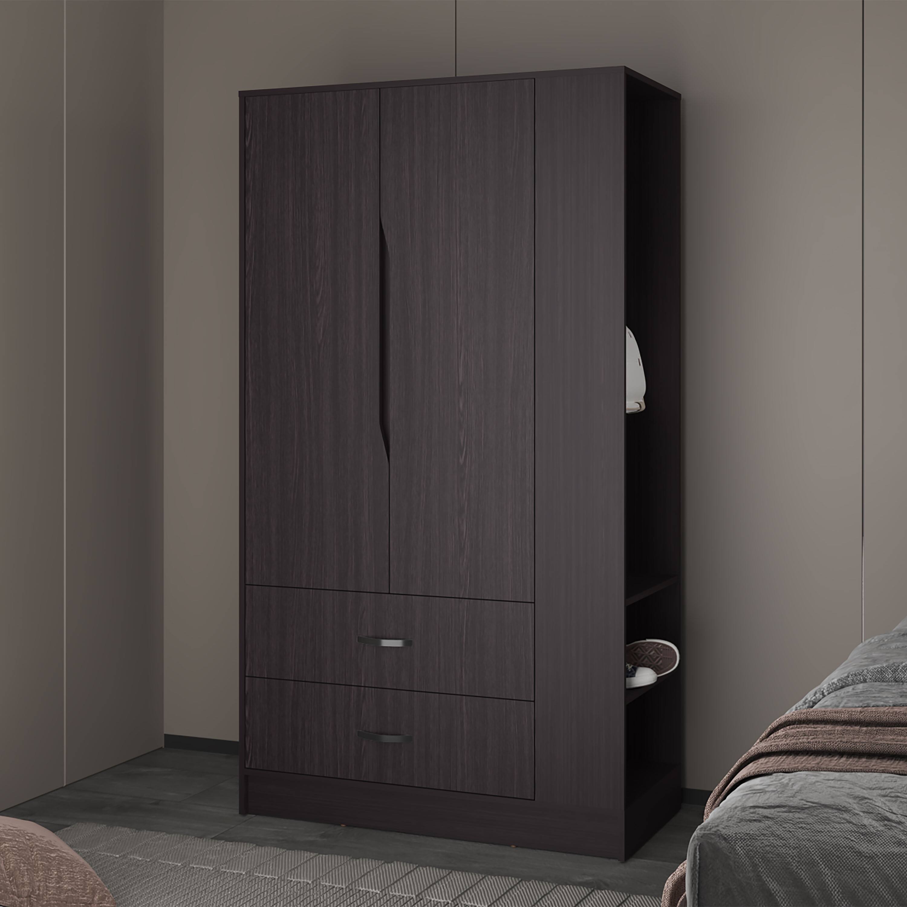 Left. TuHome - Dakota Armoire With Double Doors, Hanging Rod And Interior Shelves, Freestanding Modern Wardrobe - Black.