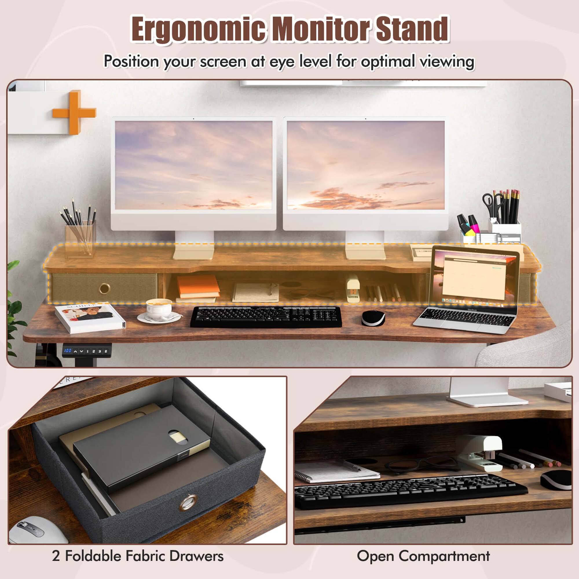 Ergonomic Monitor Stand  
Position your screen at eye level for optimal viewing  

2 Foldable Fabric Drawers  
Open Compartment