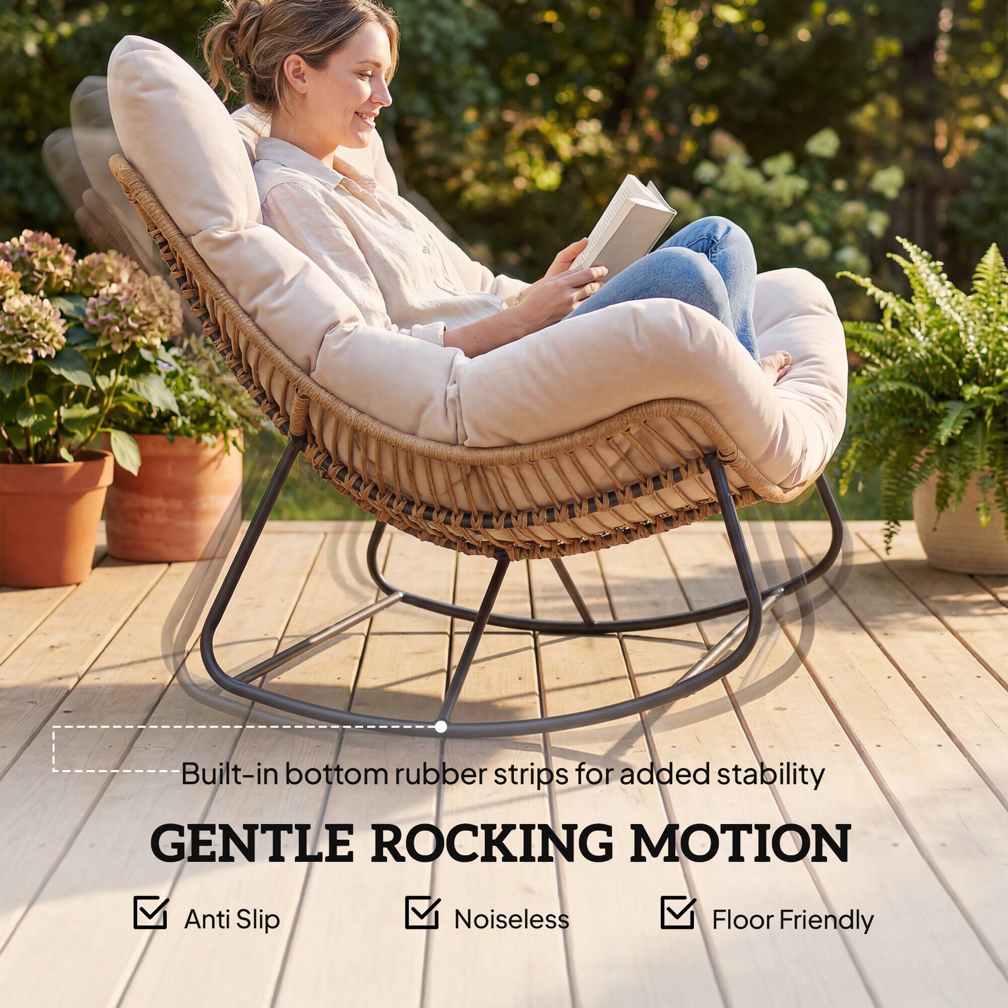 Built-in bottom rubber strips for added stability

GENTLE ROCKING MOTION

- Anti Slip
- Noiseless
- Floor Friendly