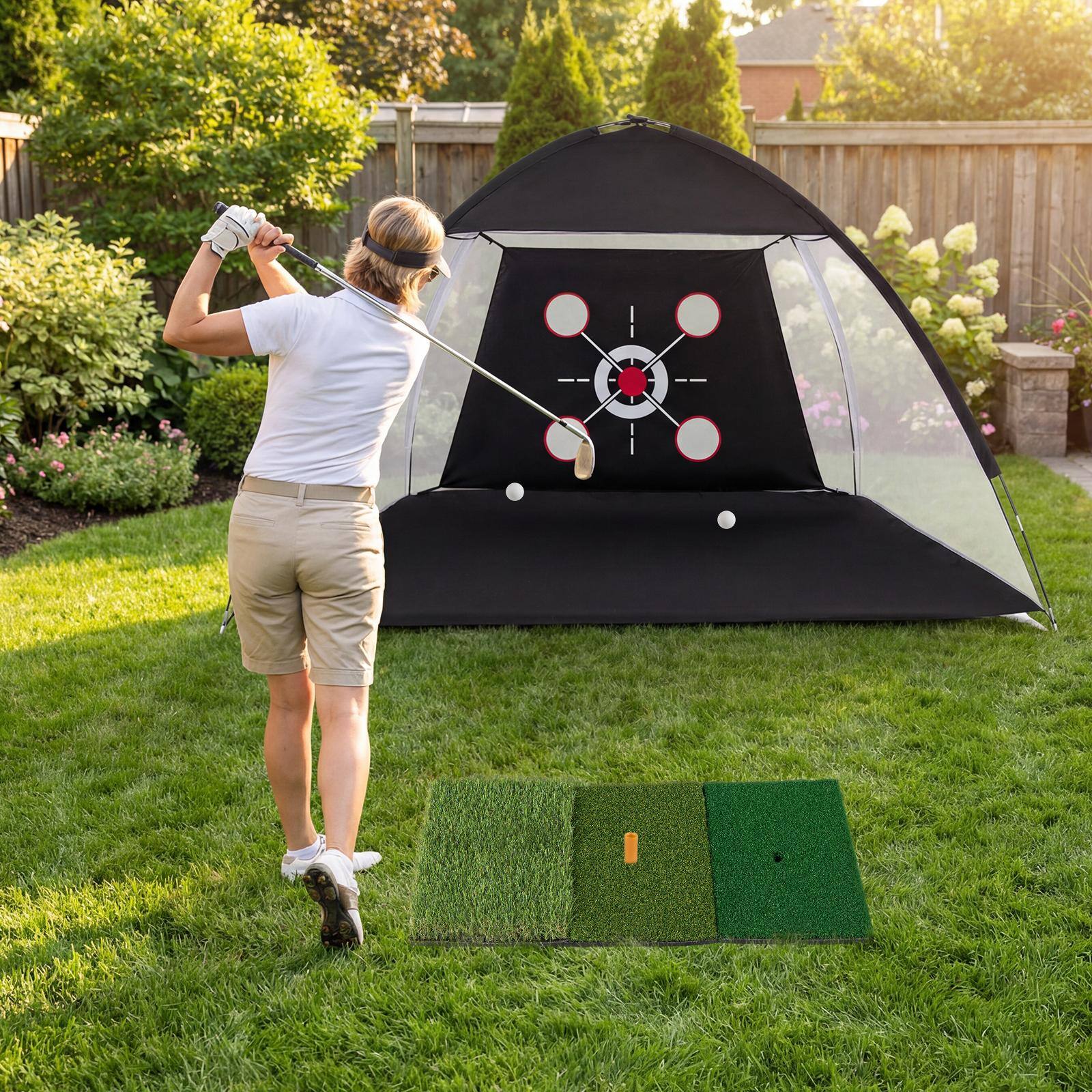 Alt View 3. Costway - Costway Golf Net with Foldable Tri-Turf Mat, Multiple Target for Training, Indoor & Outdoor - Black.
