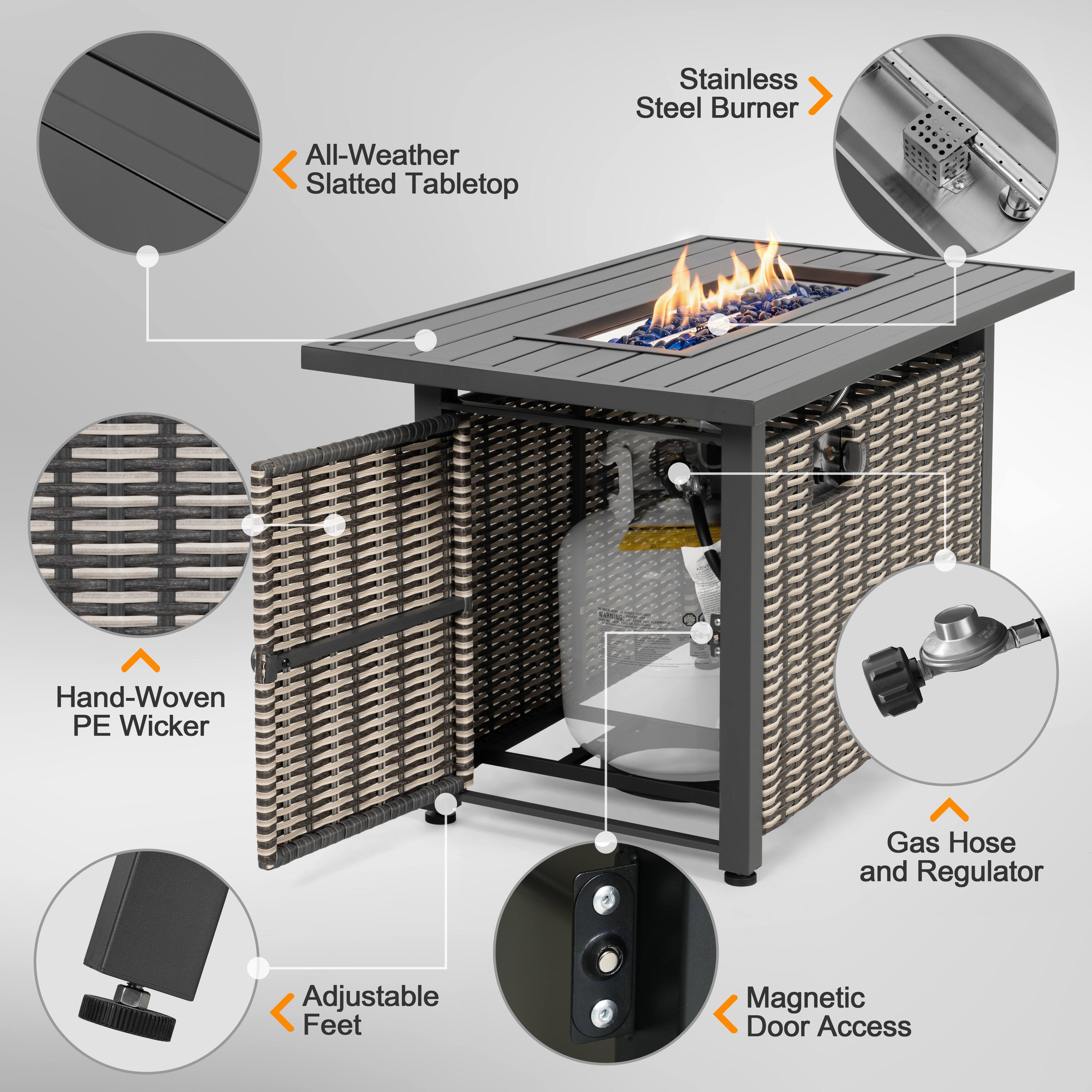 Stainless Steel Burner  
All-Weather Slatted Tabletop  
Hand-Woven PE Wicker  
Gas Hose and Regulator  
Adjustable Feet  
Magnetic Door Access
