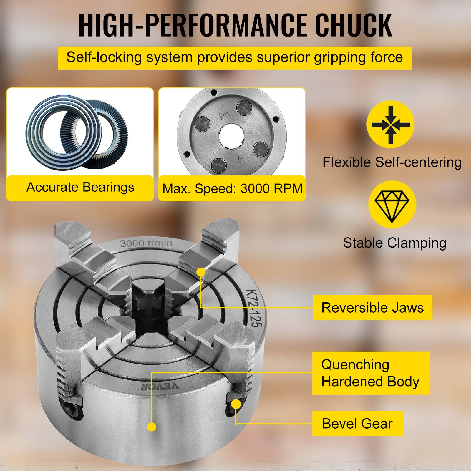 HIGH-PERFORMANCE CHUCK

Self-locking system provides superior gripping force

Accurate Bearings

Max. Speed: 3000 RPM

Flexible Self-centering

Stable Clamping

Reversible Jaws

Quenching Hardened Body

Bevel Gear

K72-125