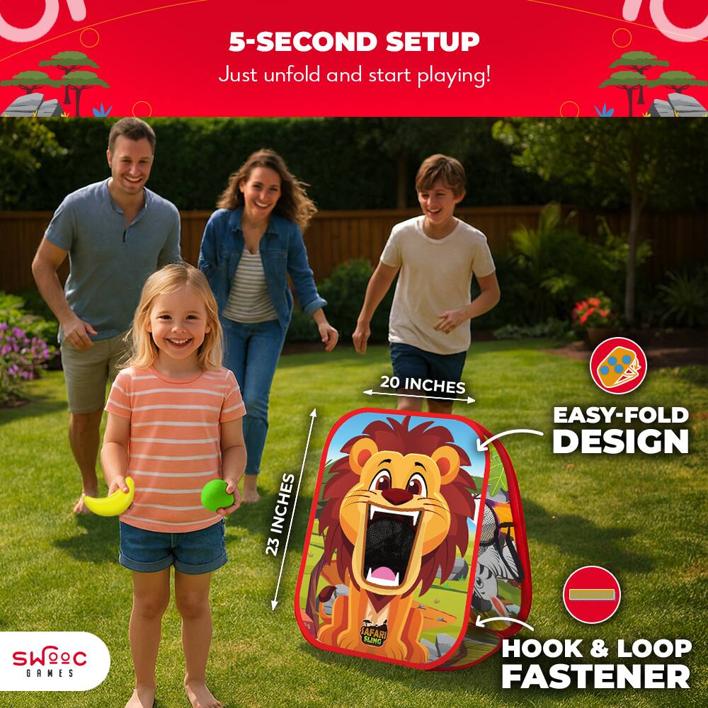 5-SECOND SETUP  
Just unfold and start playing!  

23 INCHES  
20 INCHES  

EASY-FOLD DESIGN  

HOOK & LOOP FASTENER  

SWOOC GAMES  
SAFARI SLING