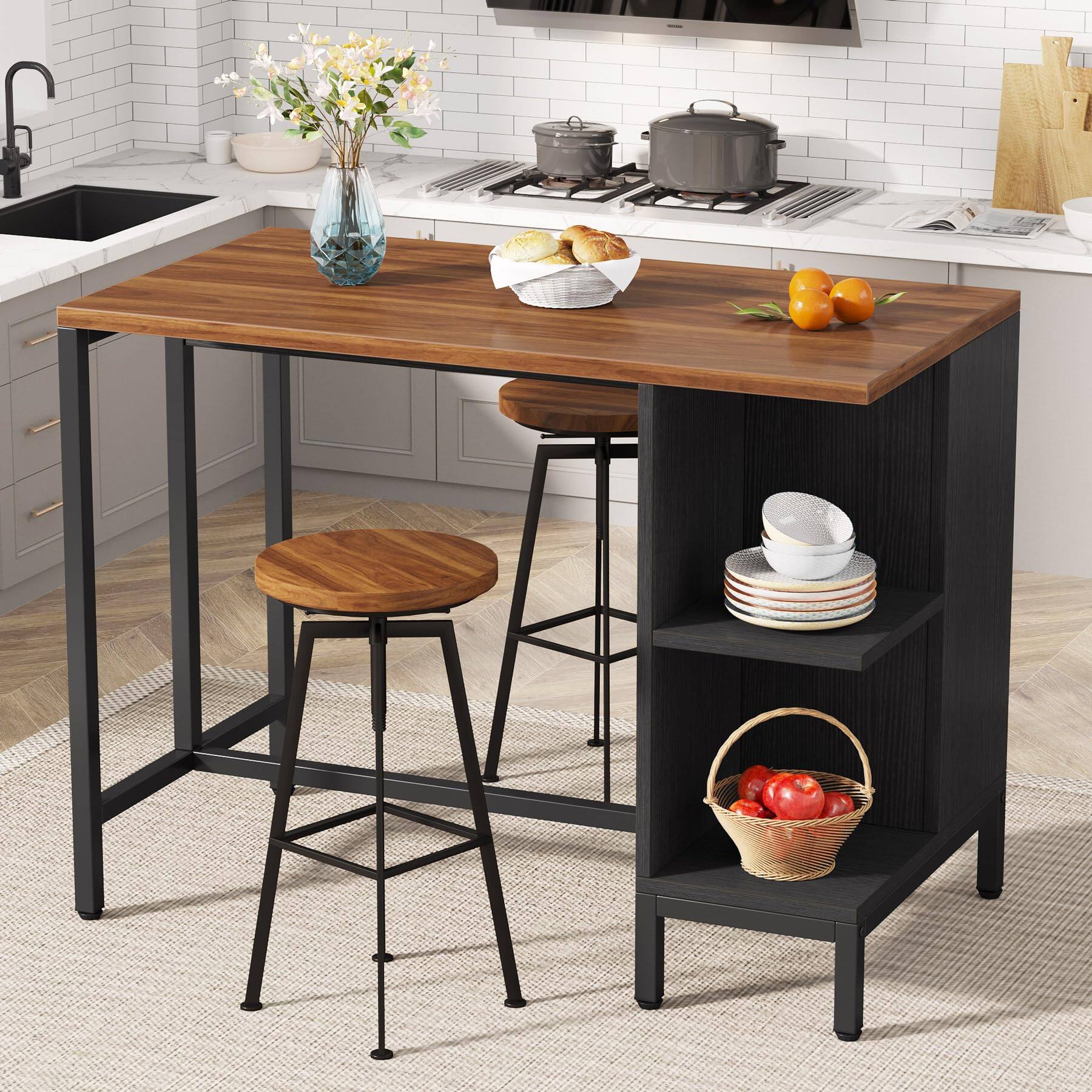 Left. Tribesigns - Kitchen Island, 43" Butcher Block Island Table for Kitchen - Dark Walnut & Black.