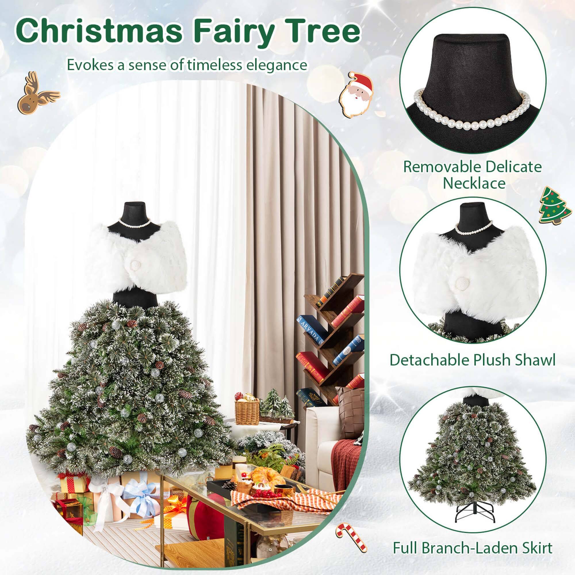 Christmas Fairy Tree Evokes a sense of timeless elegance. Removable Delicate Necklace, Detachable Plush Shawl, Full Branch-Laden Skirt.