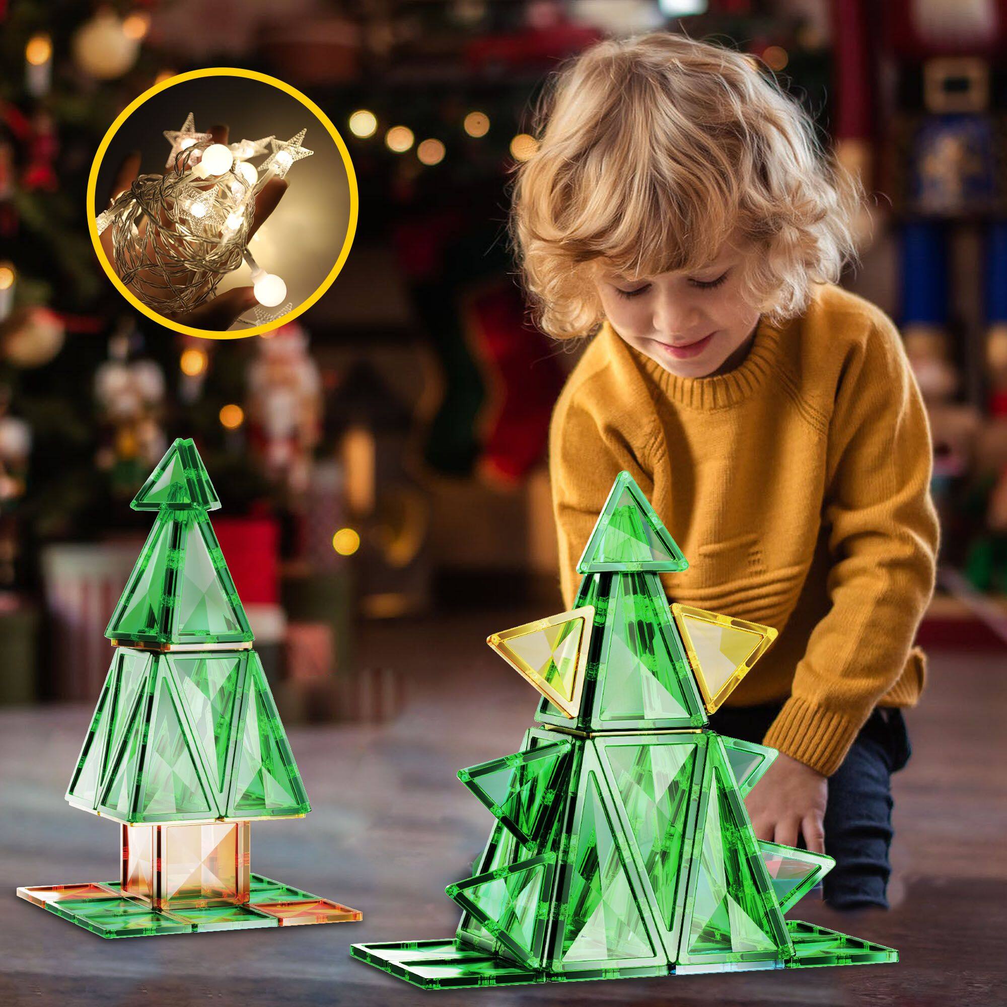 Alt View 4. PicassoTiles - PICASSO-TILES Magnetic Tiles for Kids, 106 PCS Light Up Christmas Tree Holiday Theme, STEM Building Blocks Toy - Multicolor.