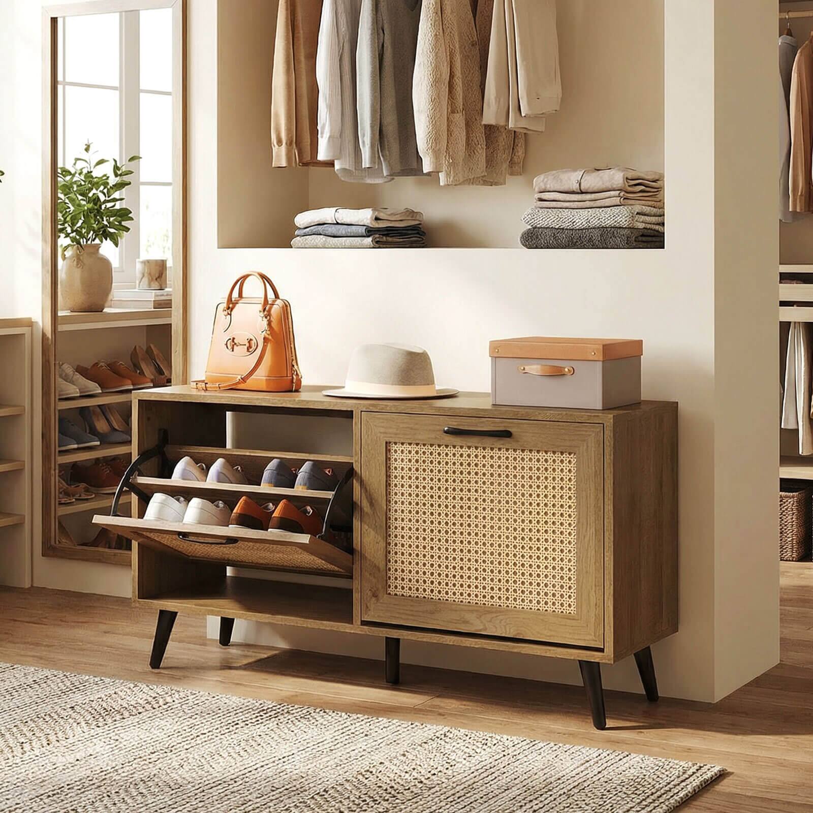 Alt View 4. Costway - Costway Rattan Shoe Storage Cabinet with 2 Flip Drawers Adjustable Shelves Solid Metal Legs - Natural.