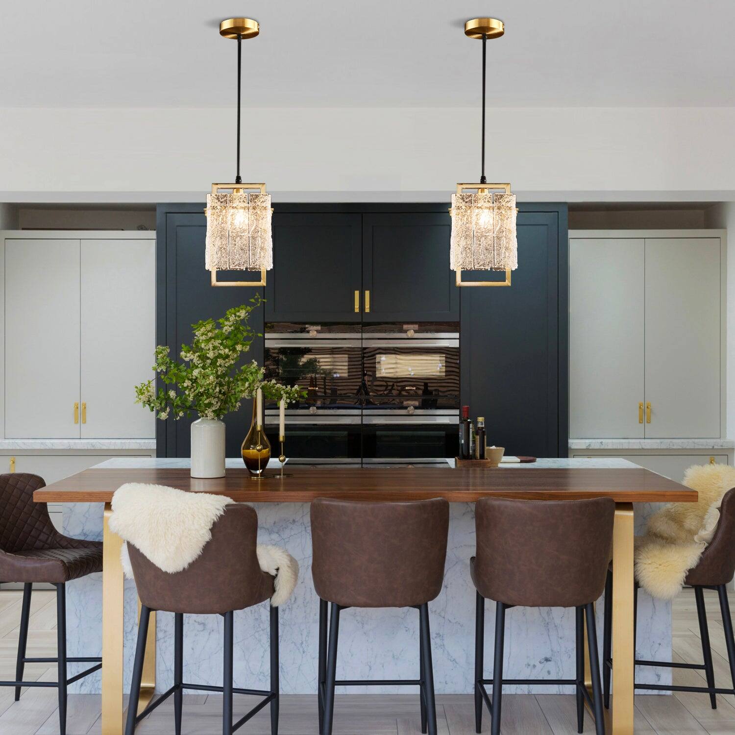 Left. Siljoy - Square Frame Cracked Glass Lampshade Pendant Light - Gold.