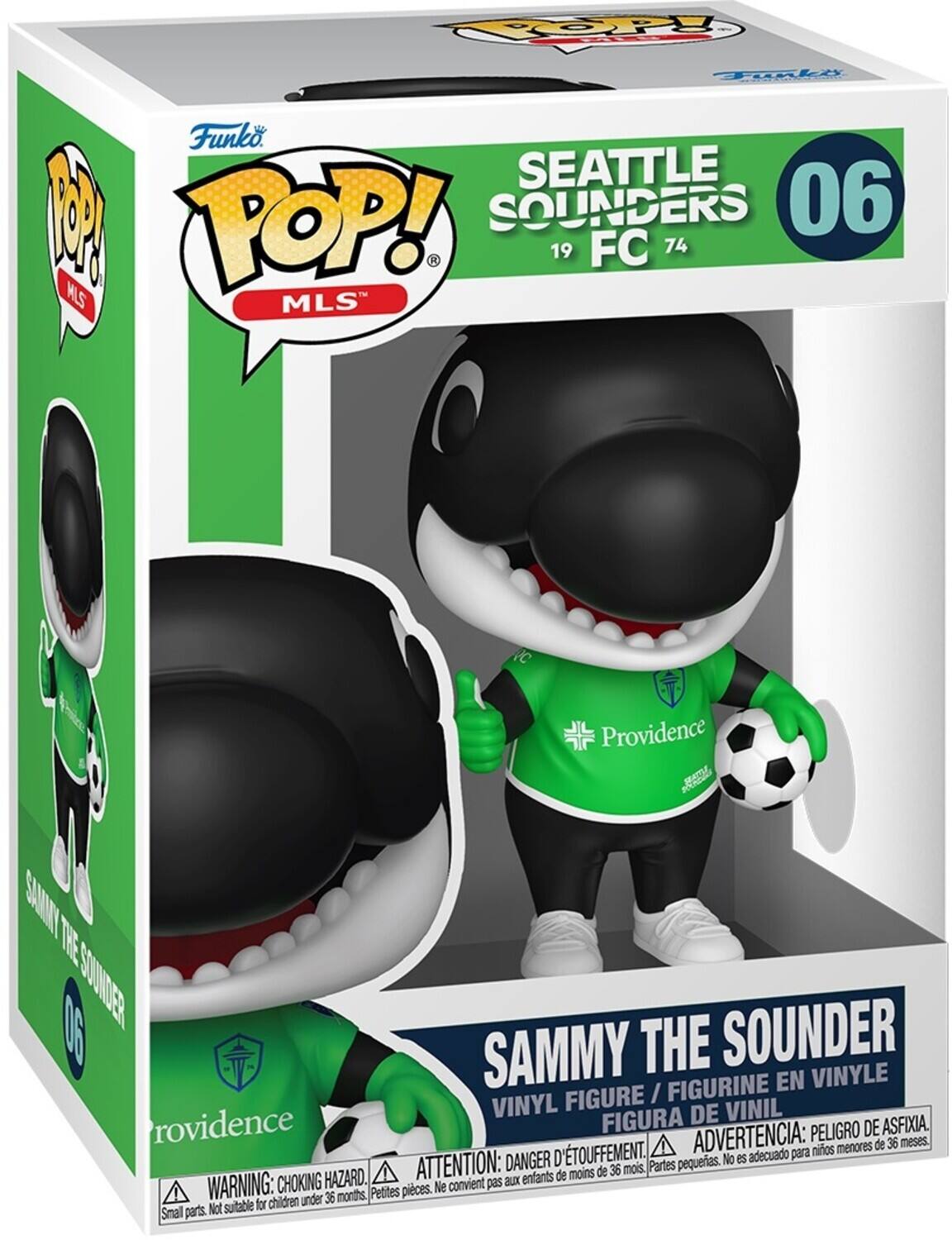 Sure, here is the corrected and grouped text from the image:

---

**Funko POP! MLS**

**SEATTLE SOUNDERS**  
19 FC 74

**06**

**SAMMY THE SOUNDERS**  
VINYL FIGURE / FIGURINE EN VINYLE / FIGURA DE VINIL

**WARNING: CHOKING HAZARD.**  
Small parts. Not suitable for children under 36 months.  
Petites pièces. Ne convient pas aux enfants de moins de 36 mois.  
ADVERTENCIA: PEIGRO DE ASFIXIA.  
No es adecuado para niños menores de 36 meses.

**Providence**

---

This text is organized to reflect the branding, product name, and safety warnings as they appear on the packaging.