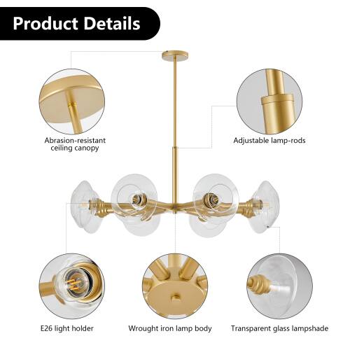 Product Details

- Abrasion-resistant ceiling canopy
- Adjustable lamp-rods
- E26 light holder
- Wrought iron lamp body
- Transparent glass lampshade