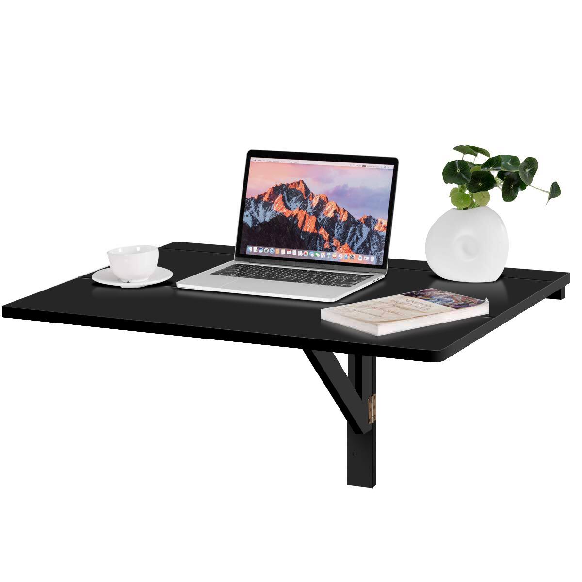 Front. Gymax - Gymax Wall-Mounted Drop-Leaf Table Floating Folding Desk Space Saver Black - Black.
