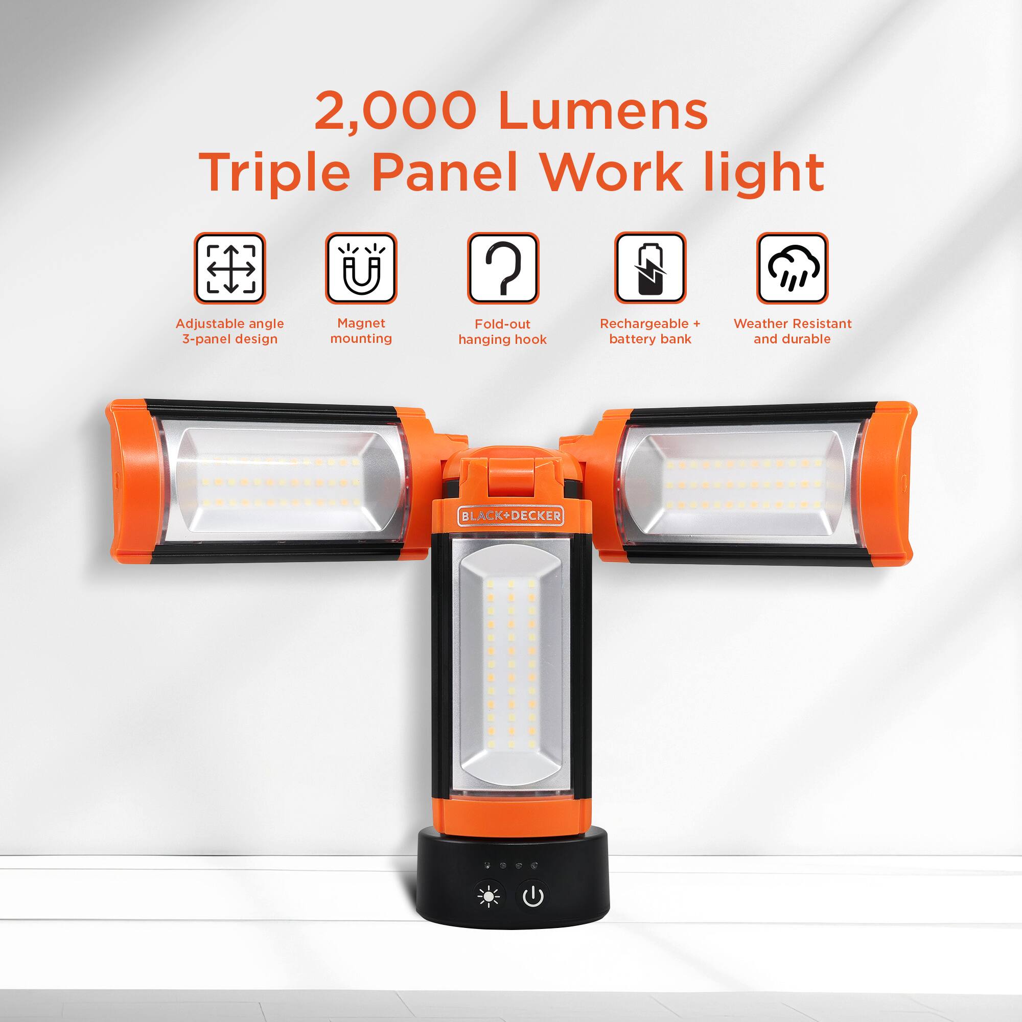 2,000 Lumens Triple Panel Work light

Adjustable angle 3-panel design
Magnet mounting
Fold-out hanging hook
Rechargeable battery bank
Weather Resistant and durable

BLACK+DECKER
3365