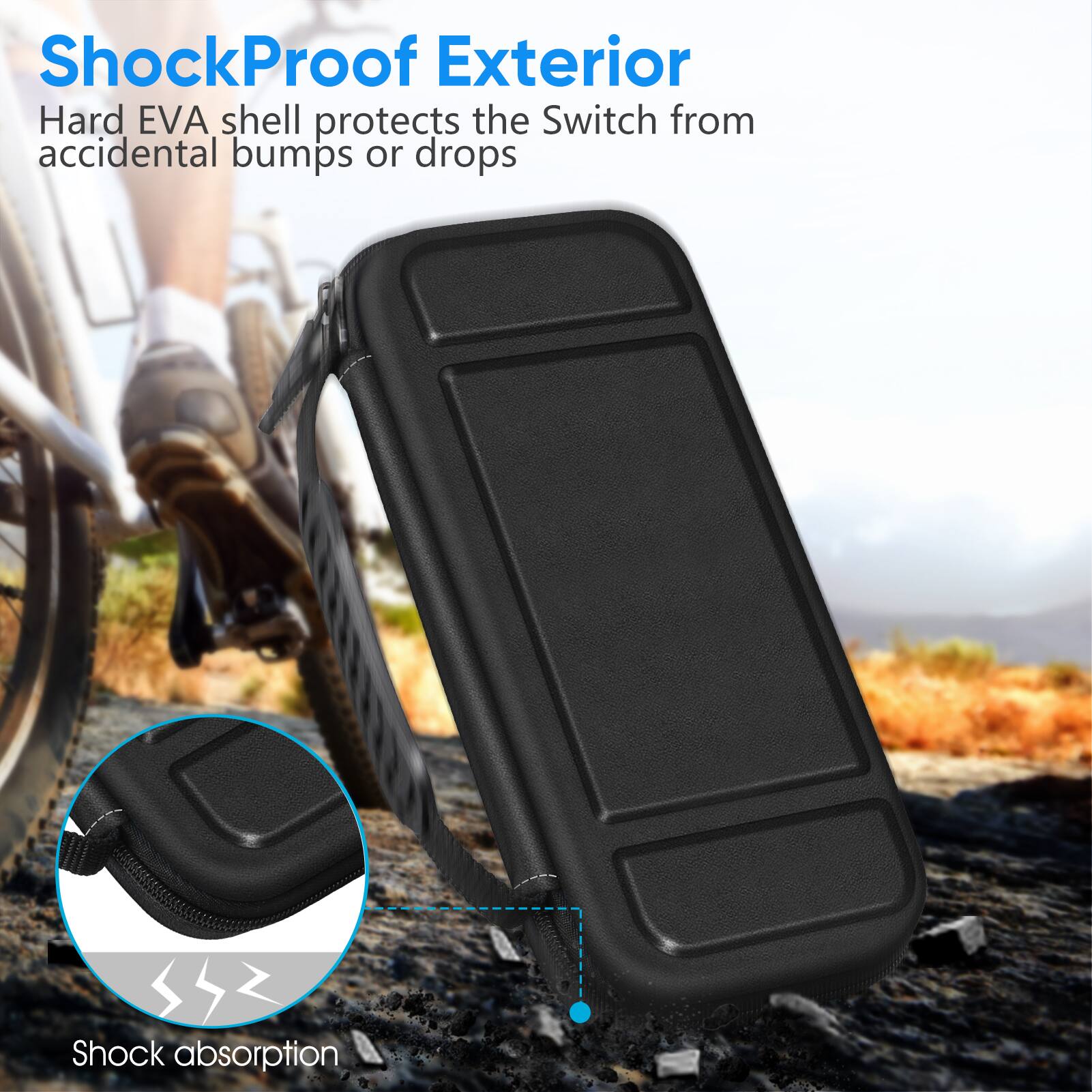 ShockProof Exterior Hard EVA shell protects the Switch from accidental bumps or drops

Shock absorption