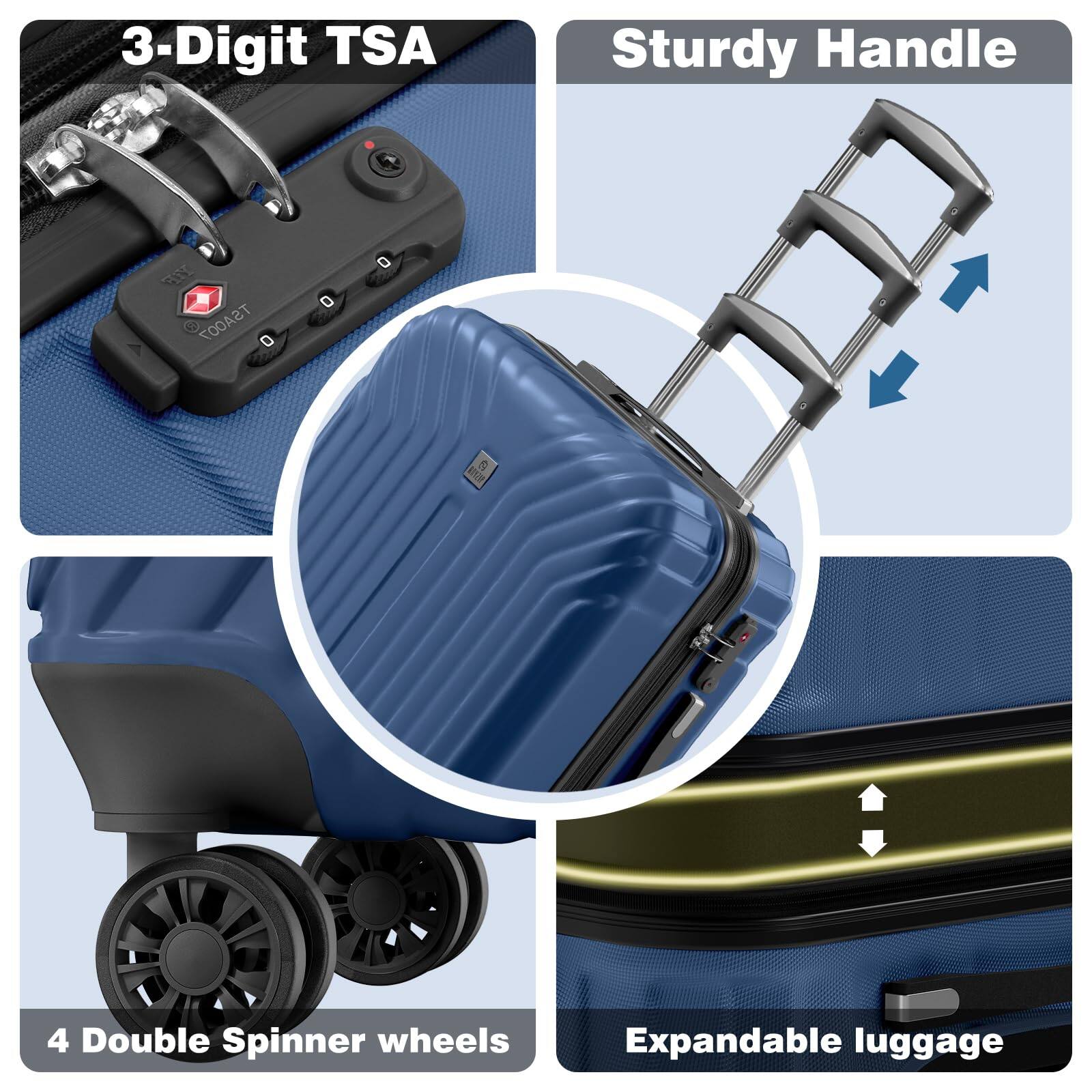 3-Digit TSA Sturdy Handle  
TSA007  
W  
4 Double Spinner wheels  
Expandable luggage