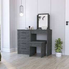 Loheer - Four Drawer Makeup Vanity with Stool Smokey Oak Finish - Gray