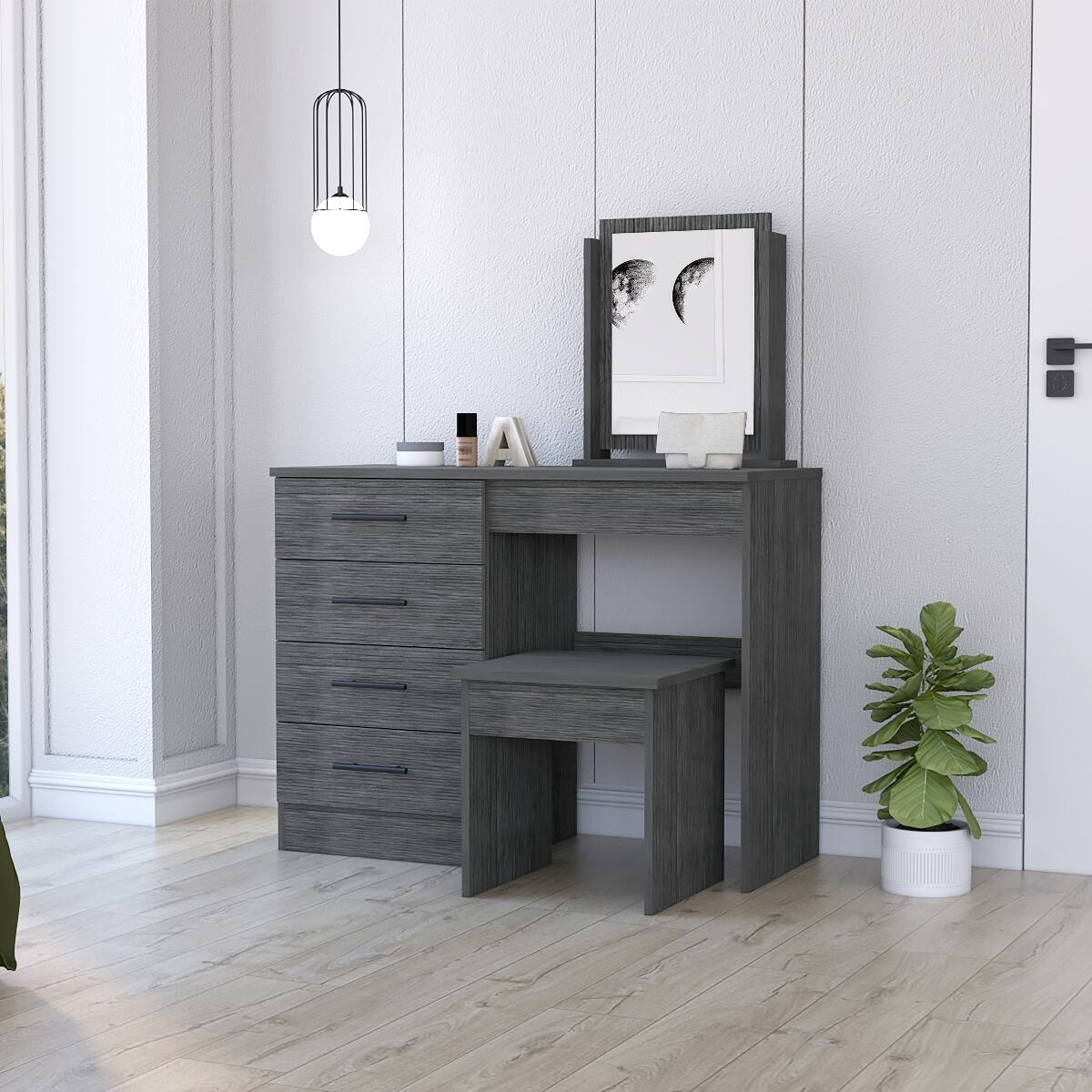 Front. Loheer - Loheer Four Drawer Makeup Vanity with Stool Smokey Oak Finish - Gray.