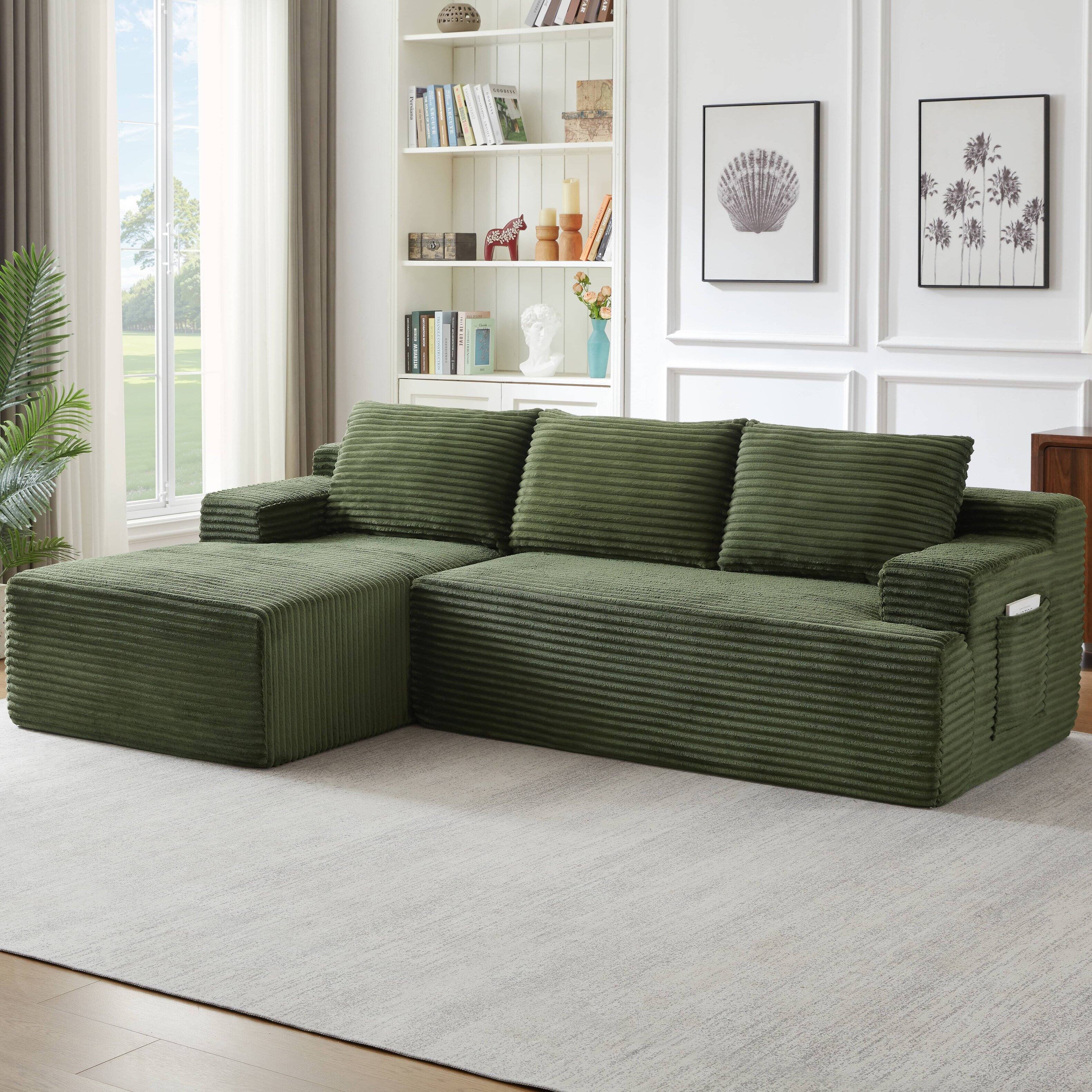 Alt View 1. Anysun - L-Shaped Modular Cloud Sectional Sofa with Deep Seat – No Assembly Required, Left Facing - Green.