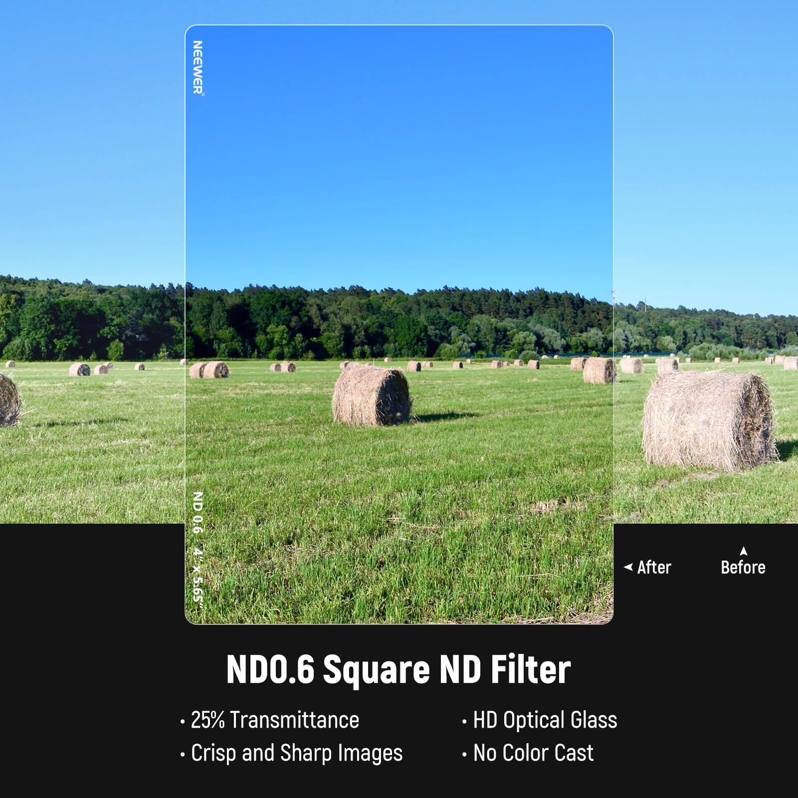 NEEWER ND 0.6 4" 5.65 After Before ND0.6 Square ND Filter 25% Transmittance HD Optical Glass Crisp and Sharp Images No Color Cast