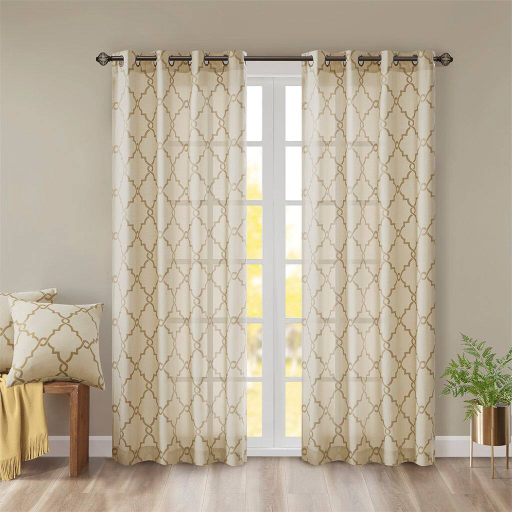 Front. BreeBe - Fretwork Print Grommet Top Window Curtain Panel(Only 1 Pc Panel) - Beige + Gold.