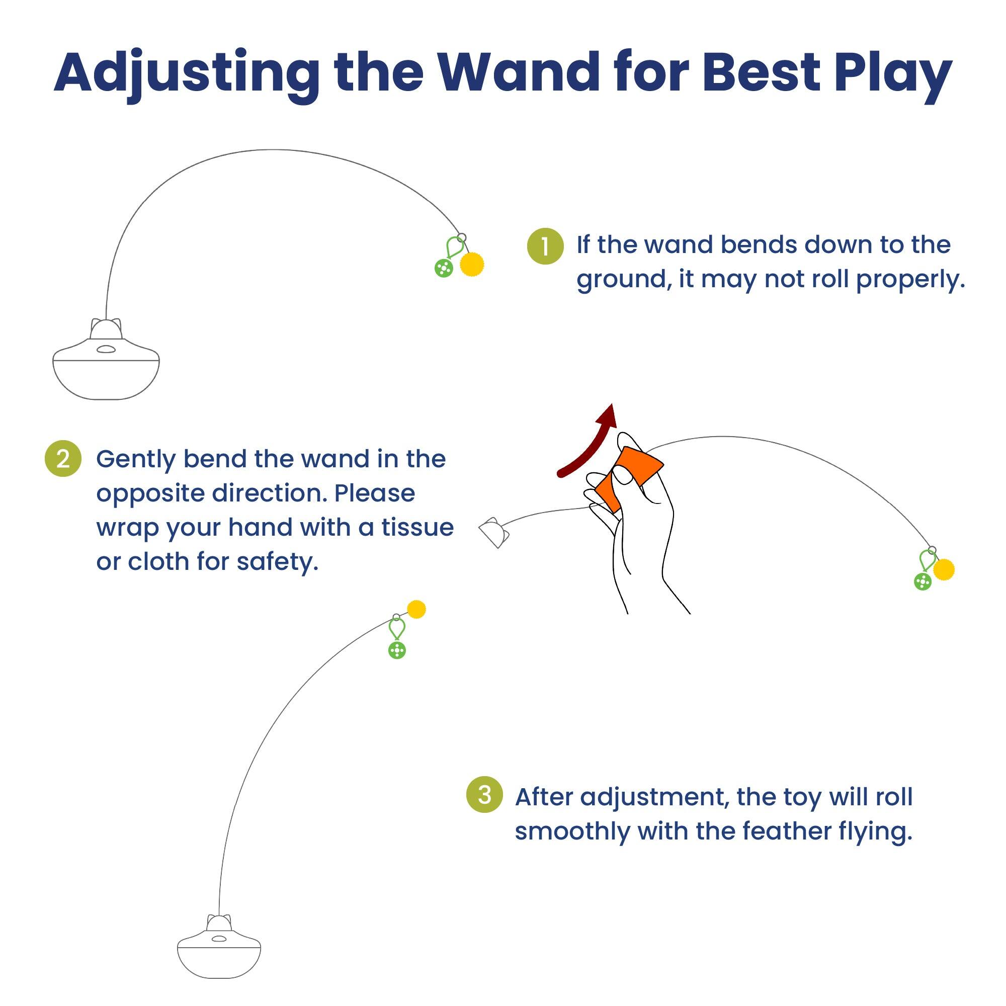 Adjusting the Wand for Best Play

1. If the wand bends down to the ground, it may not roll properly.
2. Gently bend the wand in the opposite direction. Please wrap your hand with a tissue or cloth for safety.
3. After adjustment, the toy will roll smoothly with the feather flying.