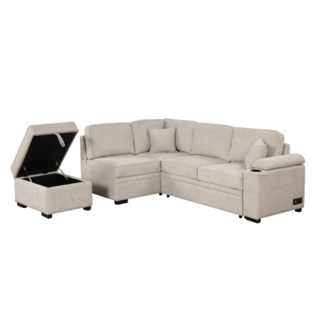 Alt View 5. LUCKY ONE - 84.75" 2-in-1 Pull-Out L-Shape Sleeper Sofa Bed w/ Storage Ottoman for Apartment - Beige.