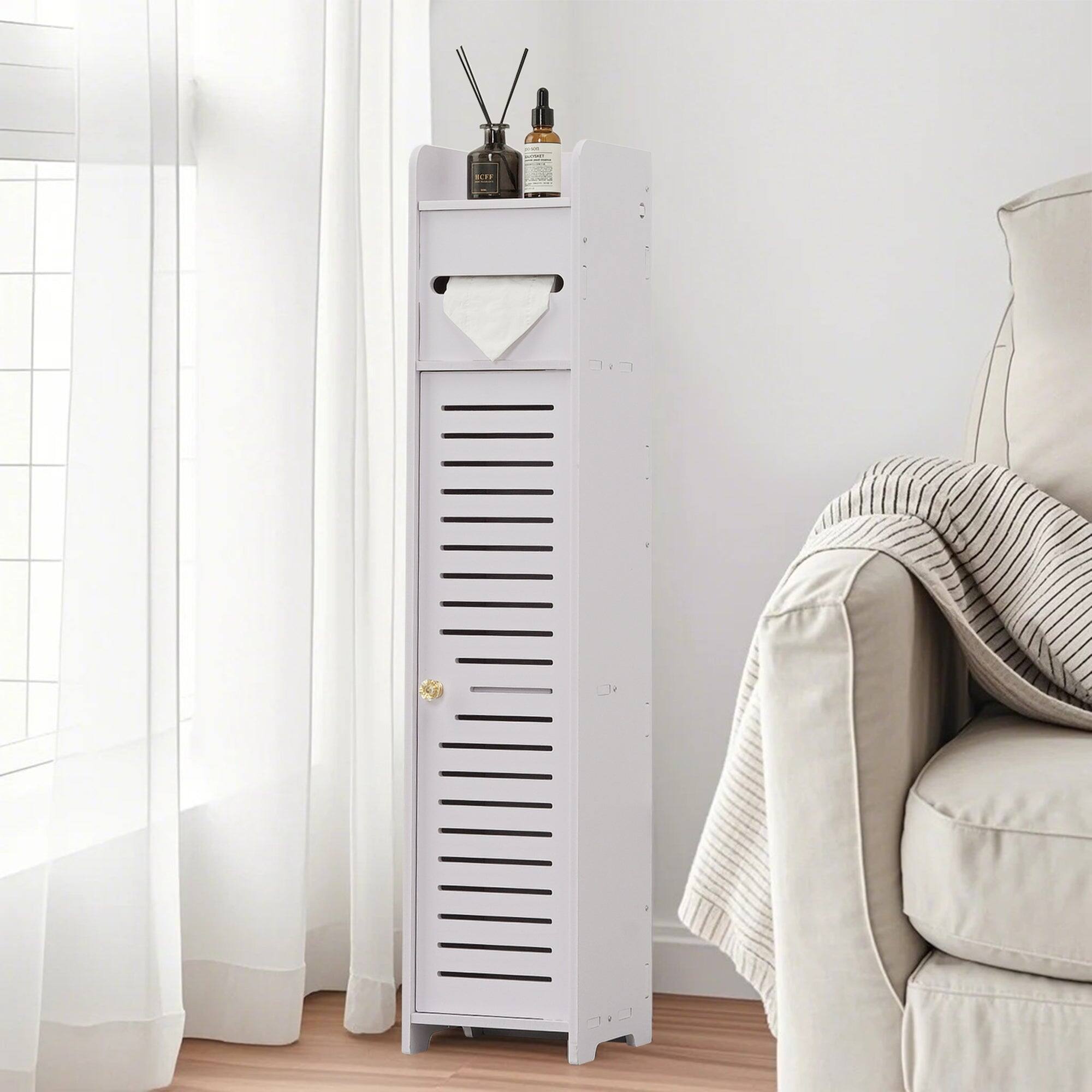 Back. Vecelo - Narrow Bathroom Storage Cabinet with Toilet Paper Organizer-Space-Saving, Perfect for Small Bathrooms & Next to Toilets - White.