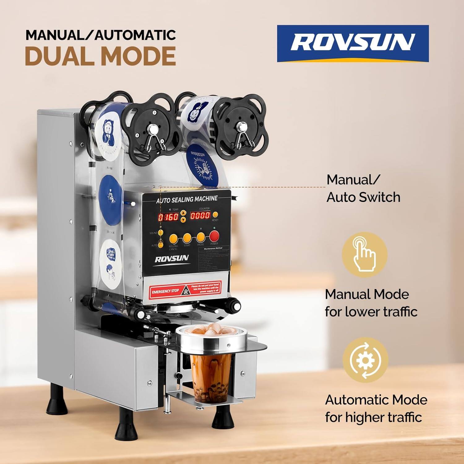MANUAL/AUTOMATIC DUAL MODE

ROVSUN AUTO SEALING MACHINE

Manual/Auto Switch

ROVSUN EMERGENCY STOP

Manual Mode for lower traffic

Automatic Mode for higher traffic