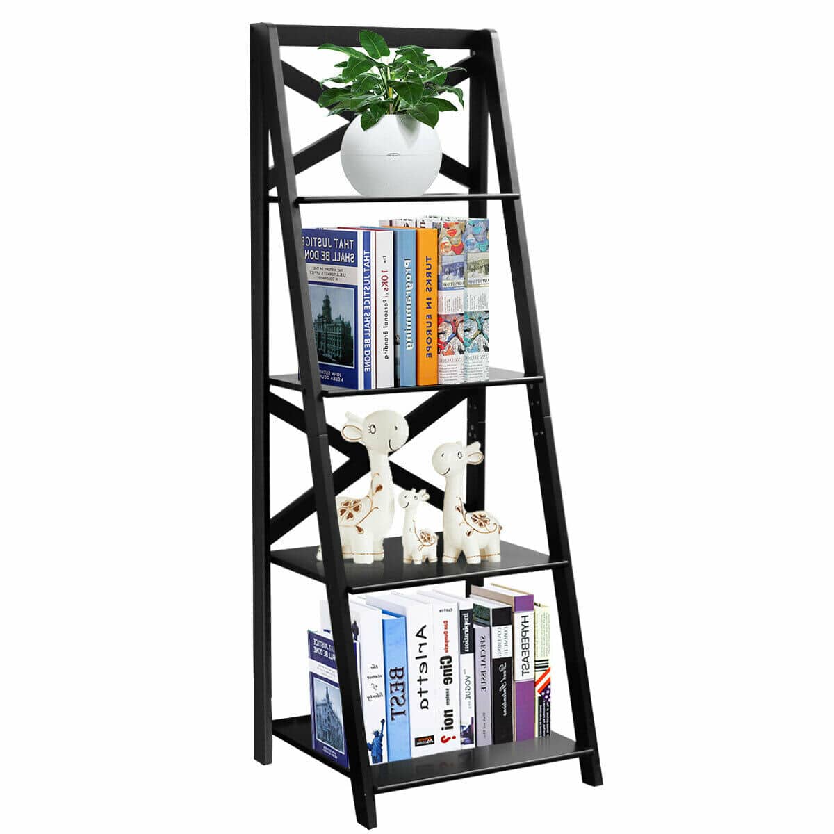 The image features a black bookshelf with a variety of books and a potted plant. The books are arranged in different sizes and orientations, creating a visually appealing display. The potted plant is placed on top of the bookshelf, adding a touch of greenery to the scene. The books are likely organized in a way that makes them easily accessible and visible to the viewer. The combination of the bookshelf, books, and potted plant creates an inviting and cozy atmosphere in the room.