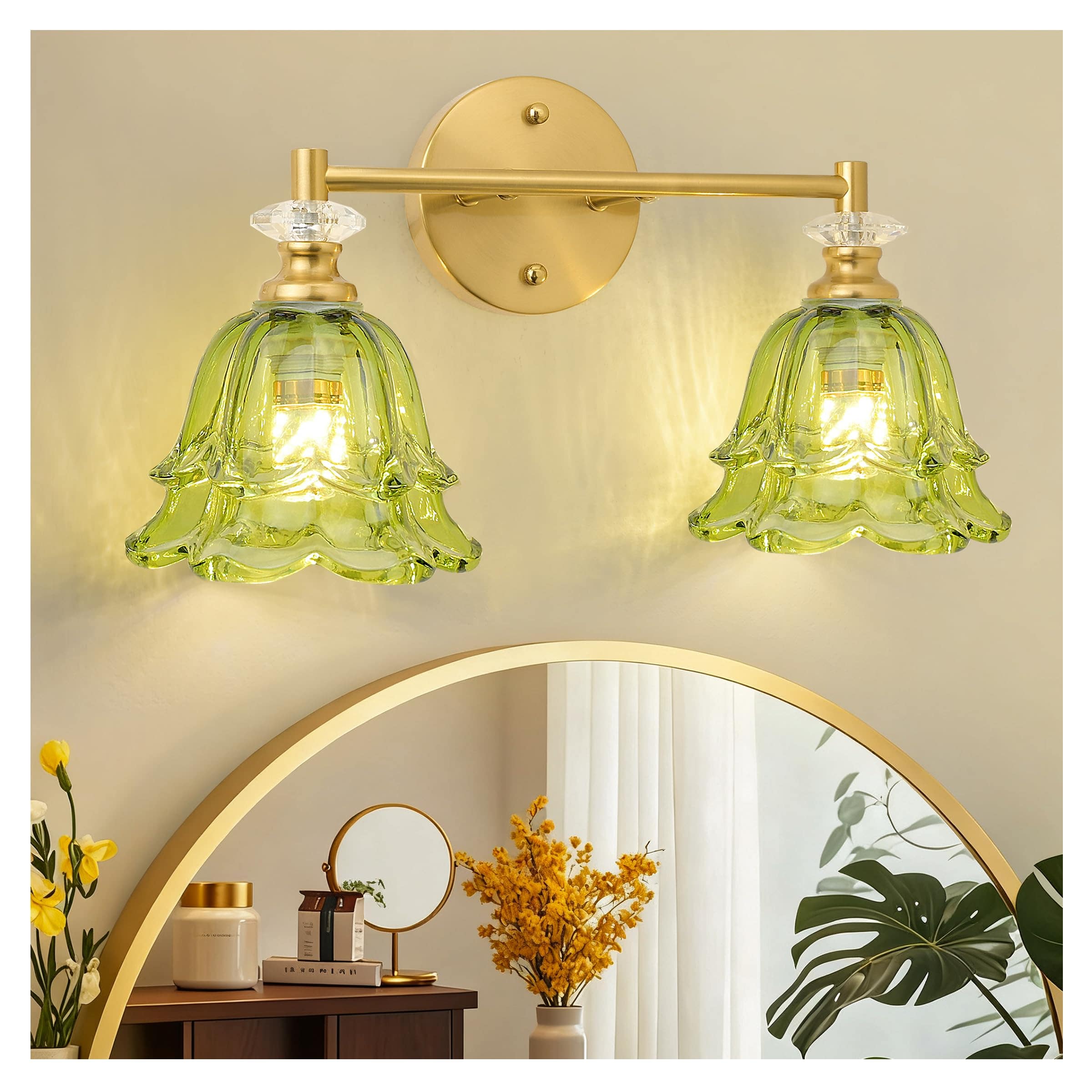 TECH SAFARI - Vintage Bathroom Light Fixtures Over Mirror Vanity For Brass With Flower Glass Lampshade Bedroom Living Roo - Green 2 light