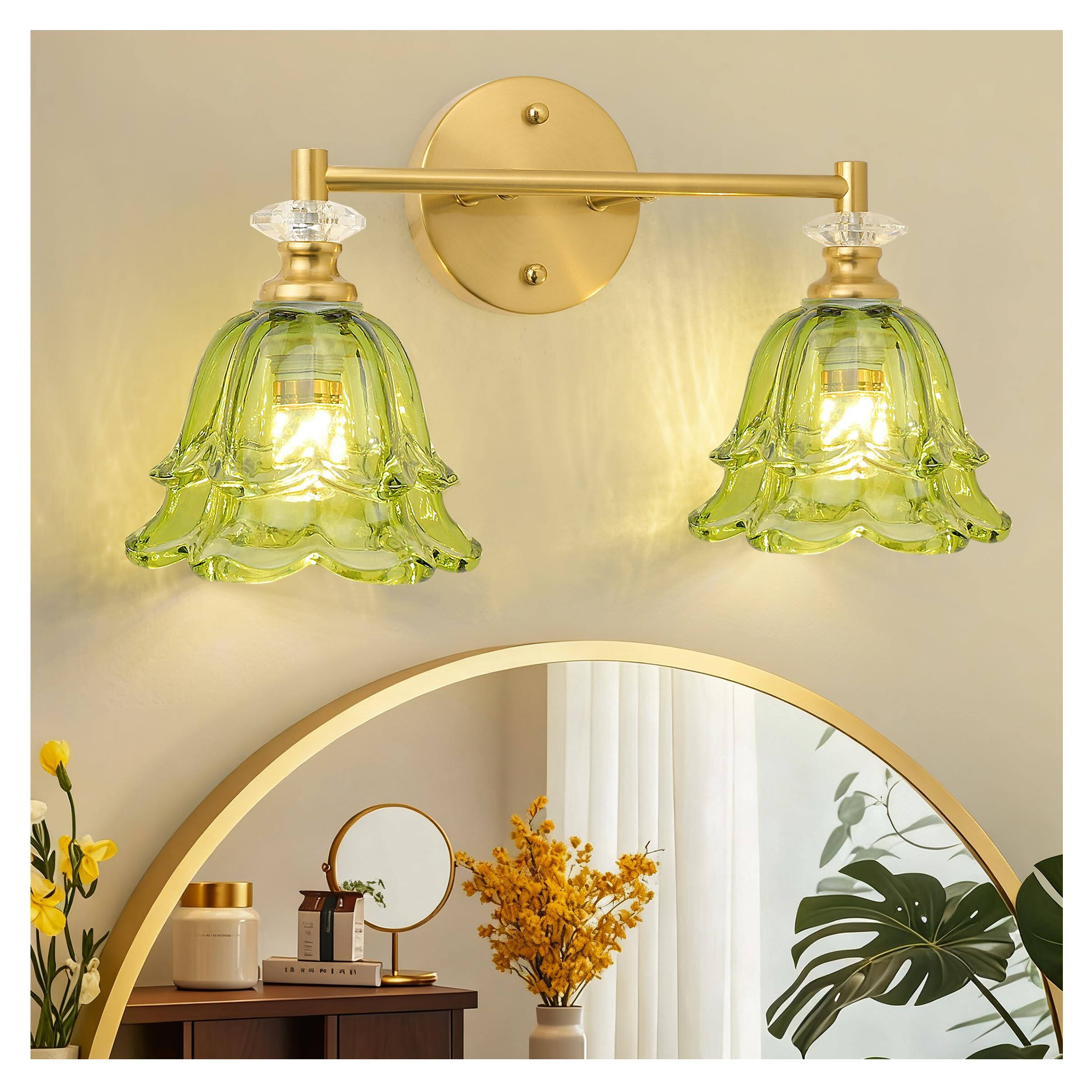 Front. TECH SAFARI - Vintage Bathroom Light Fixtures Over Mirror Vanity For Brass With Flower Glass Lampshade Bedroom Living Roo - Green 2 light.