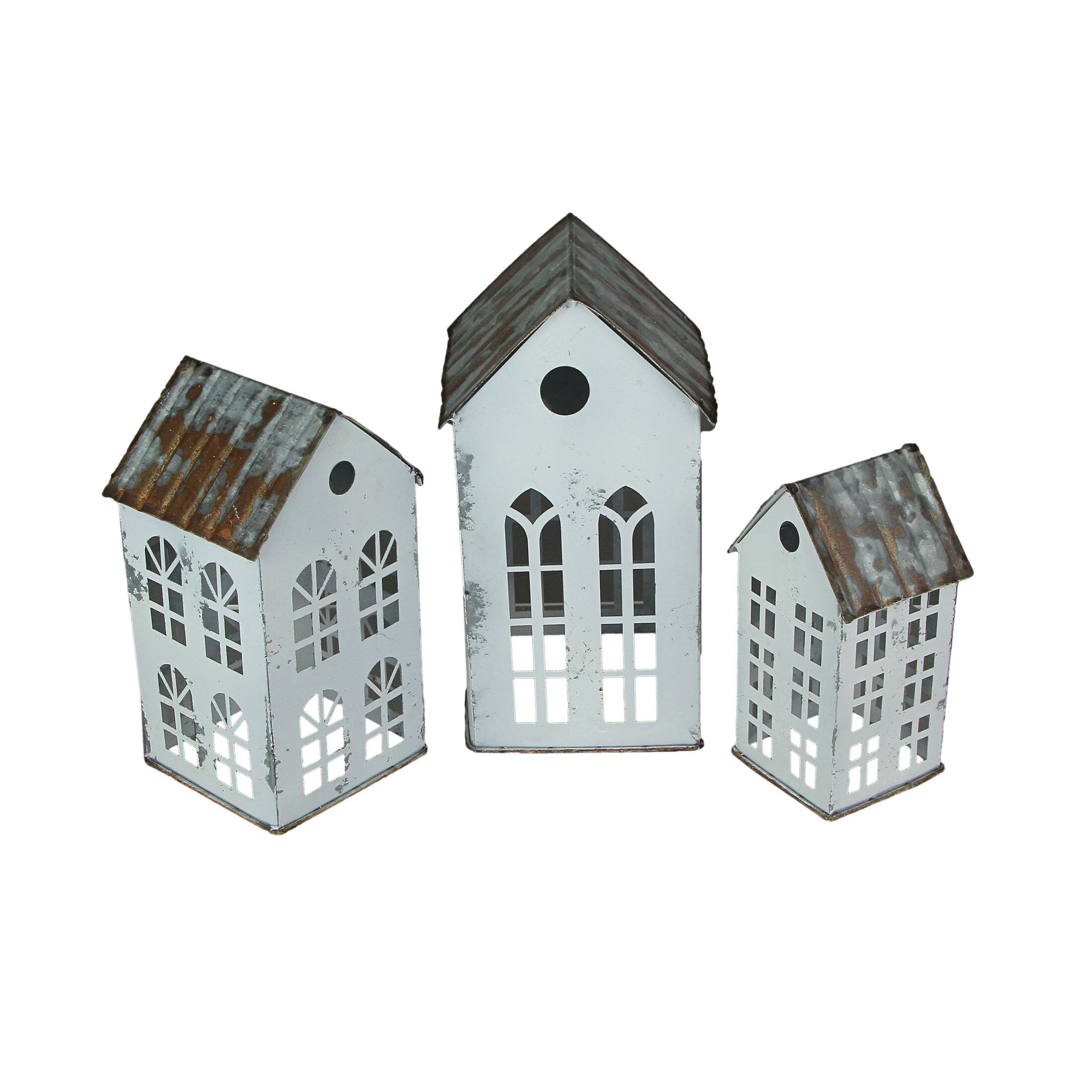 Alt View 1. Zeckos - Set of 3 Rustic Country Farmhouse White Metal House Shaped Candle Holders - White.