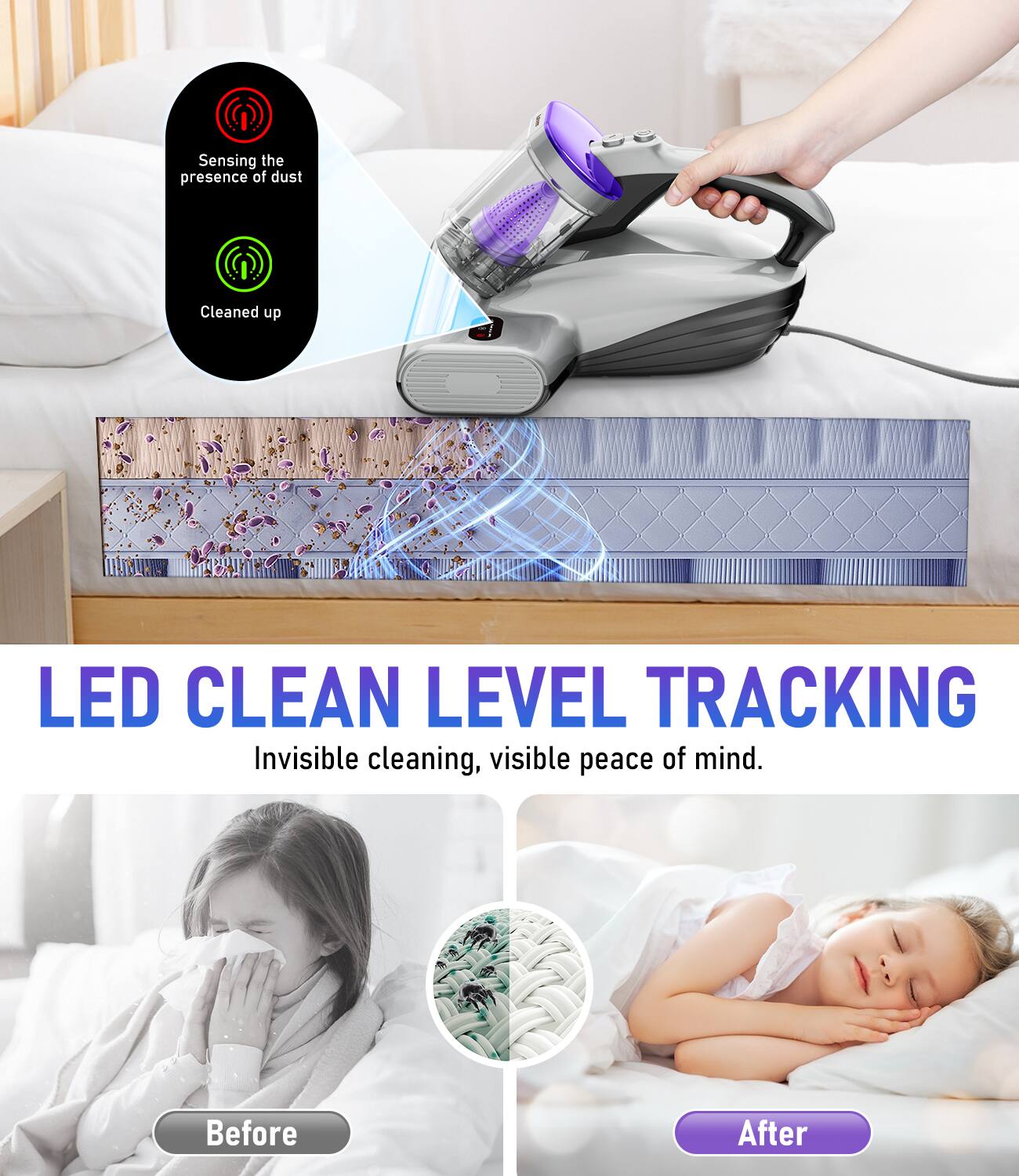 Sensing the presence of dust  
Cleaned up  

LED CLEAN LEVEL TRACKING  
Invisible cleaning, visible peace of mind.  

Before  
After