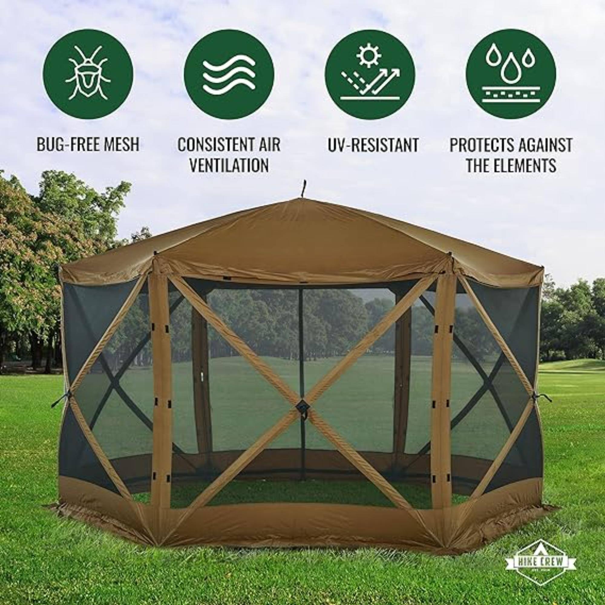 BUG-FREE MESH, CONSISTENT AIR VENTILATION, UV-RESISTANT, PROTECTS AGAINST THE ELEMENTS, HIKE CREW