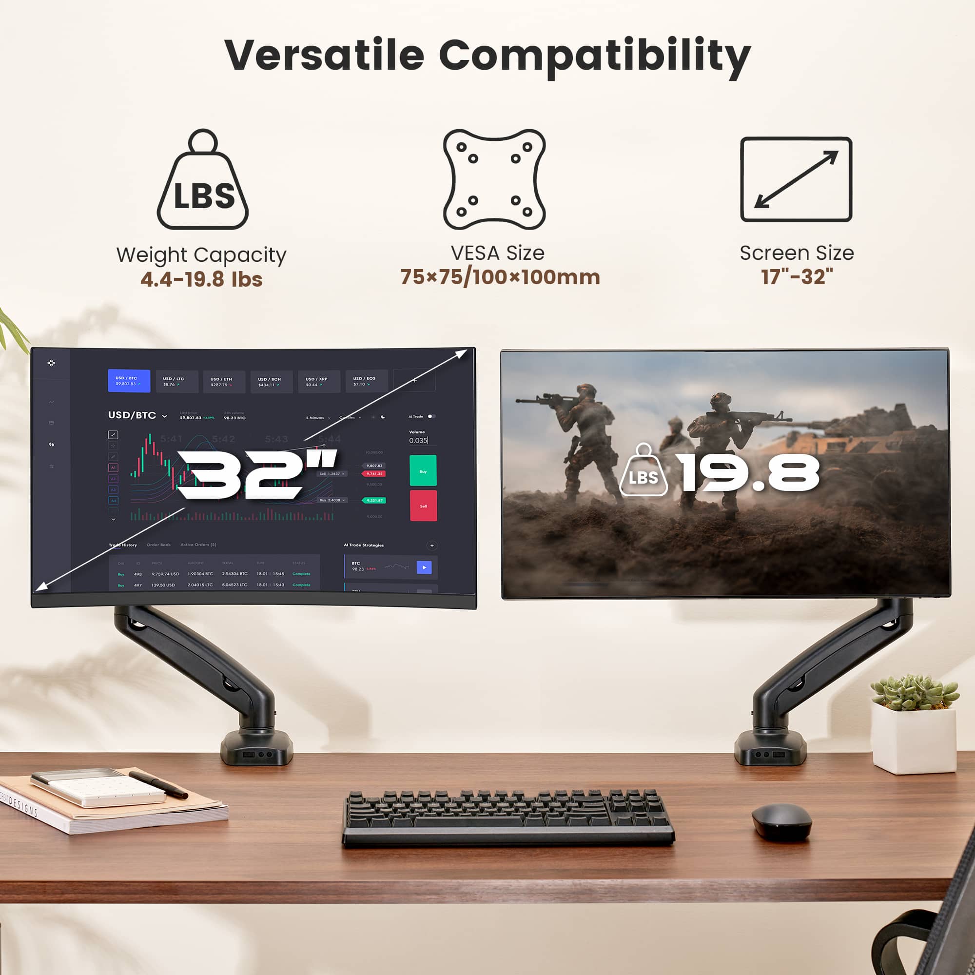 Versatile Compatibility:
* Weight Capacity: 4.4-19.8 lbs
* VESA Size: 75x75/100x100mm
* Screen Size: 17"-32"
* USD/BTC: 5:41, 5.42, 5.43
The image shows a computer setup with a monitor, keyboard, and mouse on a desk. The monitor is described as versatile, with a weight capacity of 4.4-19.8 lbs, a VESA size of 75x75/100x100mm, and a screen size of 17"-32". Additionally, the image shows the USD/BTC exchange rate for the time of 5:41, 5.42, and 5.43.