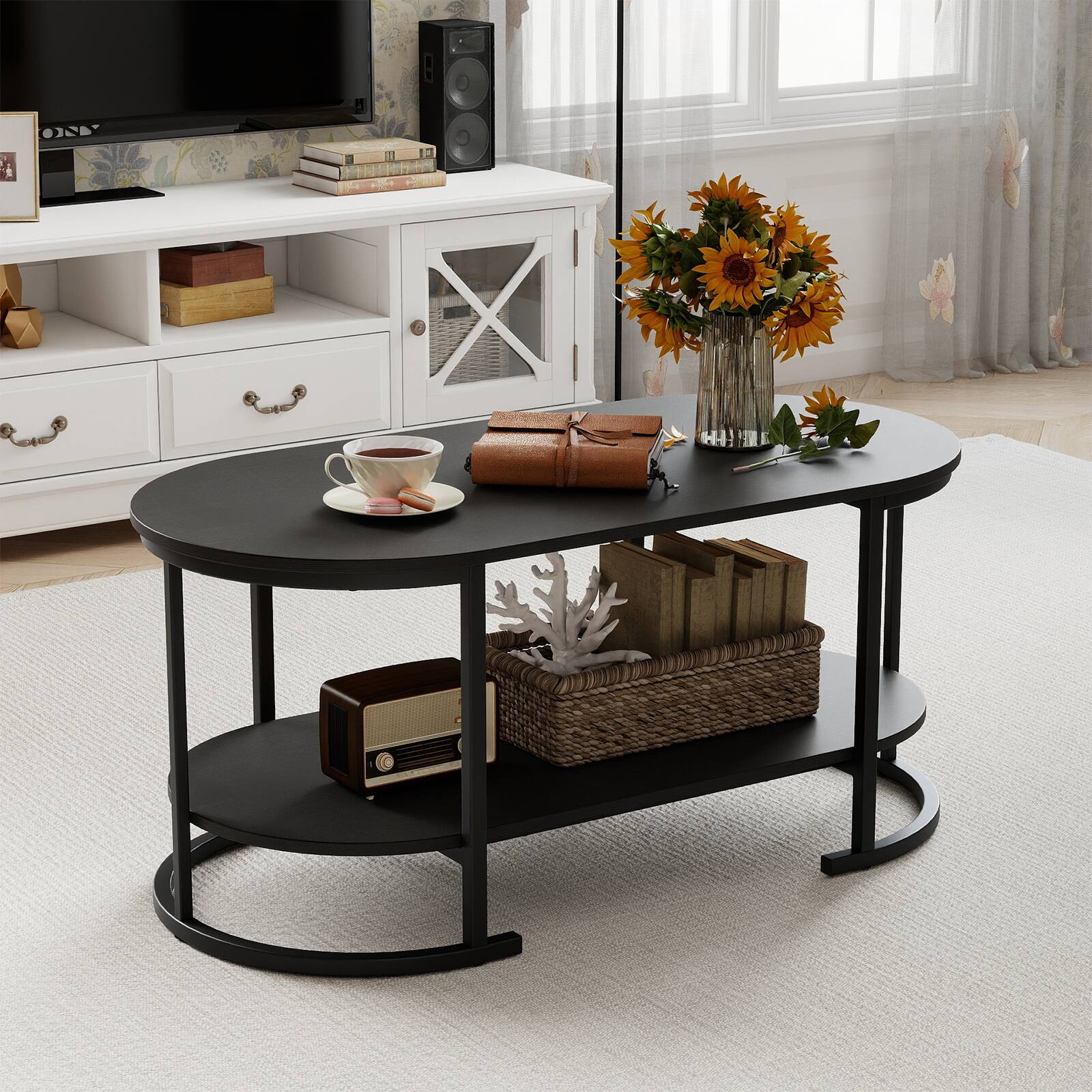 Alt View 4. Gymax - Gymax 2-Tier Wooden Accent Table w/Spacious Tabletop Open Storage Shelf for Room - Black.