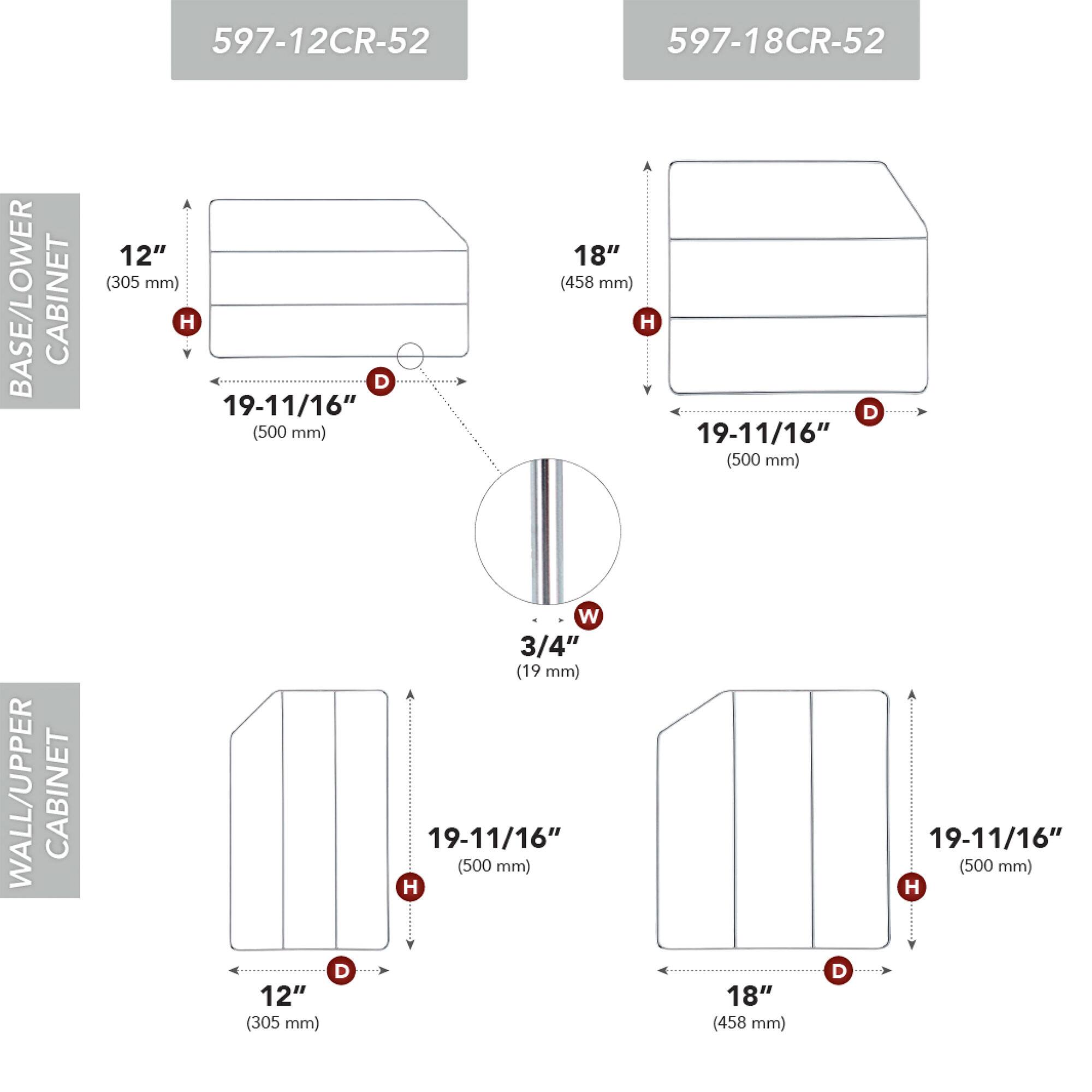 597-12CR-52  
BASE/LOWER CABINET  
12" (305 mm) H  
19-11/16" (500 mm) D  

597-18CR-52  
BASE/LOWER CABINET  
18" (458 mm) H  
19-11/16" (500 mm) D  

WALL/UPPER CABINET  
12" (305 mm) D  
3/4" (19 mm) W  
19-11/16" (500 mm) H  

WALL/UPPER CABINET  
18" (458 mm) D  
19-11/16" (500 mm) H