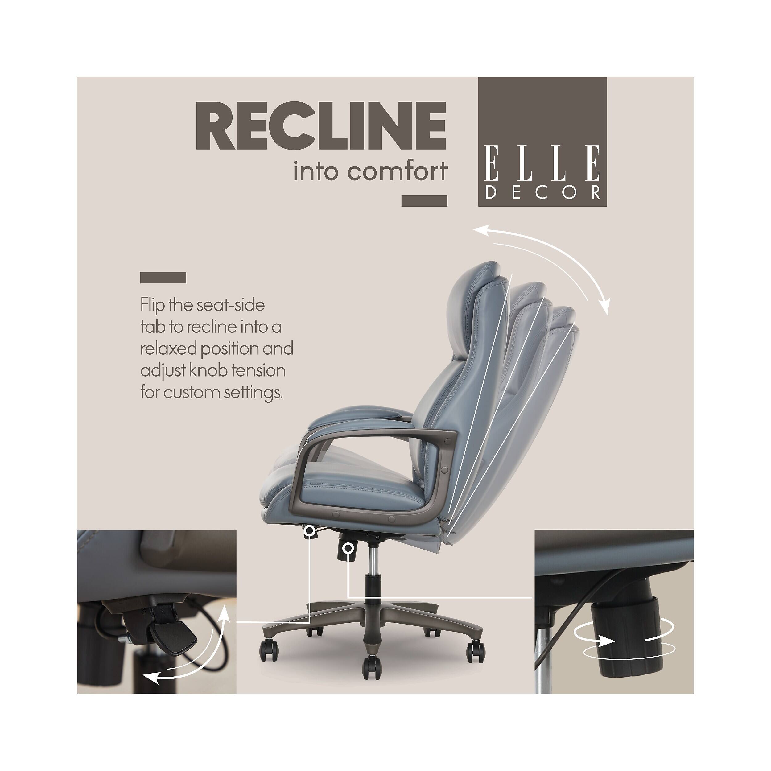 RECLINE into comfort  
ELLE DECOR

Flip the seat-side tab to recline into a relaxed position and adjust knob tension for custom settings.