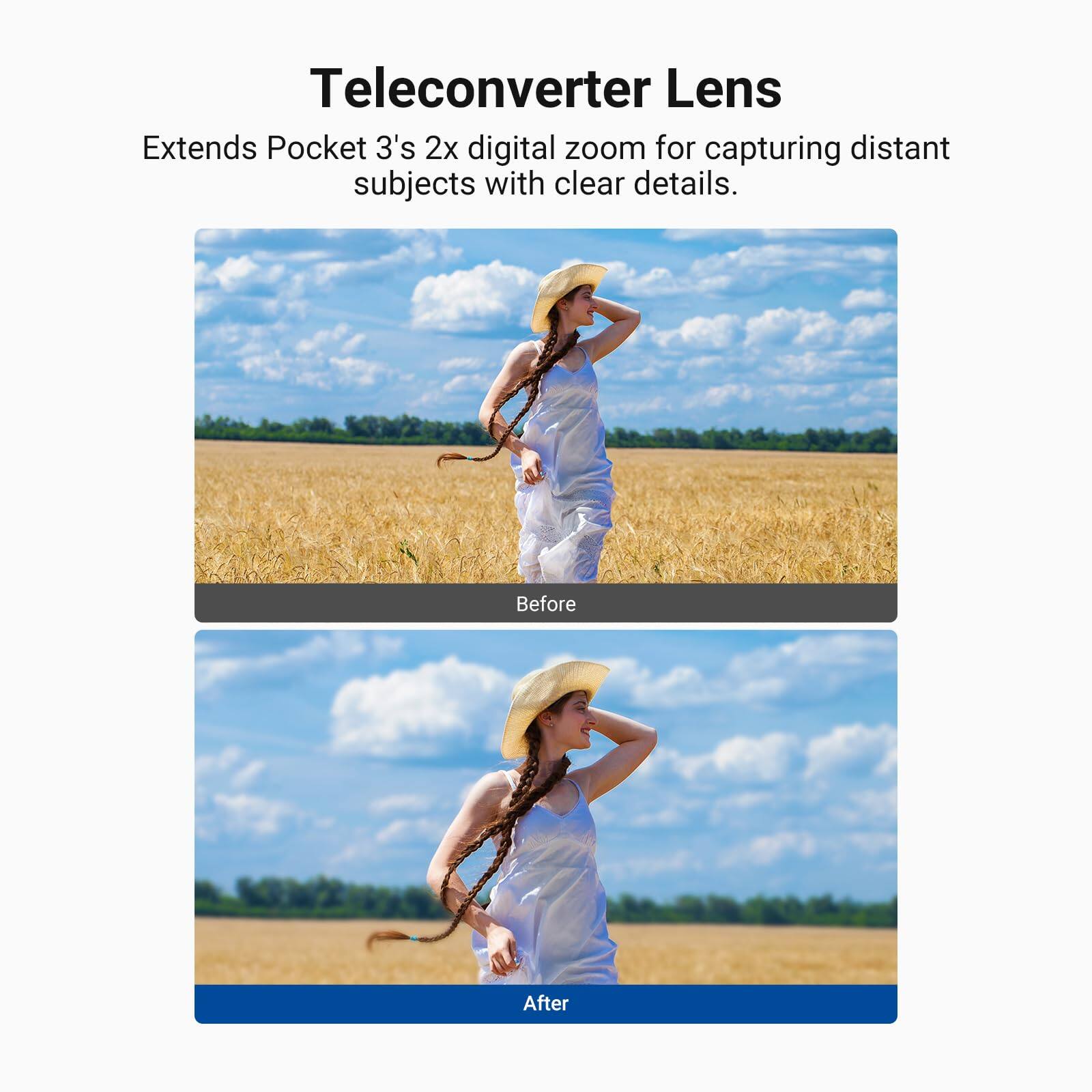 Teleconverter Lens  
Extends Pocket 3's 2x digital zoom for capturing distant subjects with clear details.

Before

After