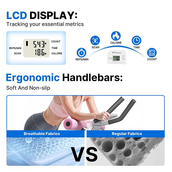 LCD DISPLAY:  
Tracking your essential metrics  
REPS/MIN SCAN | 543  
COUNT TIME CALORIE  
SCAN REPS/MIN CALORIE  
IERACH - - 5Y3 L  
TIME + x COUNT  

Ergonomic Handlebars:  
Soft And Non-slip  

Breathable Fabrics VS Regular Fabrics