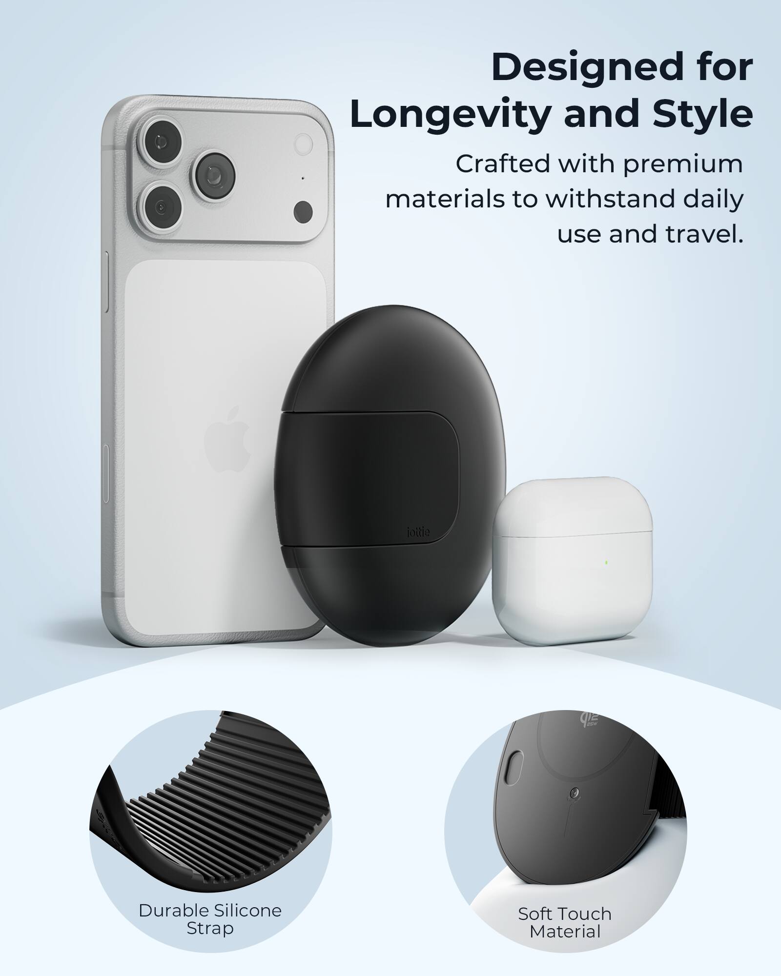 Designed for Longevity and Style  
Crafted with premium materials to withstand daily use and travel.  

Durable Silicone Strap  
Soft Touch Material